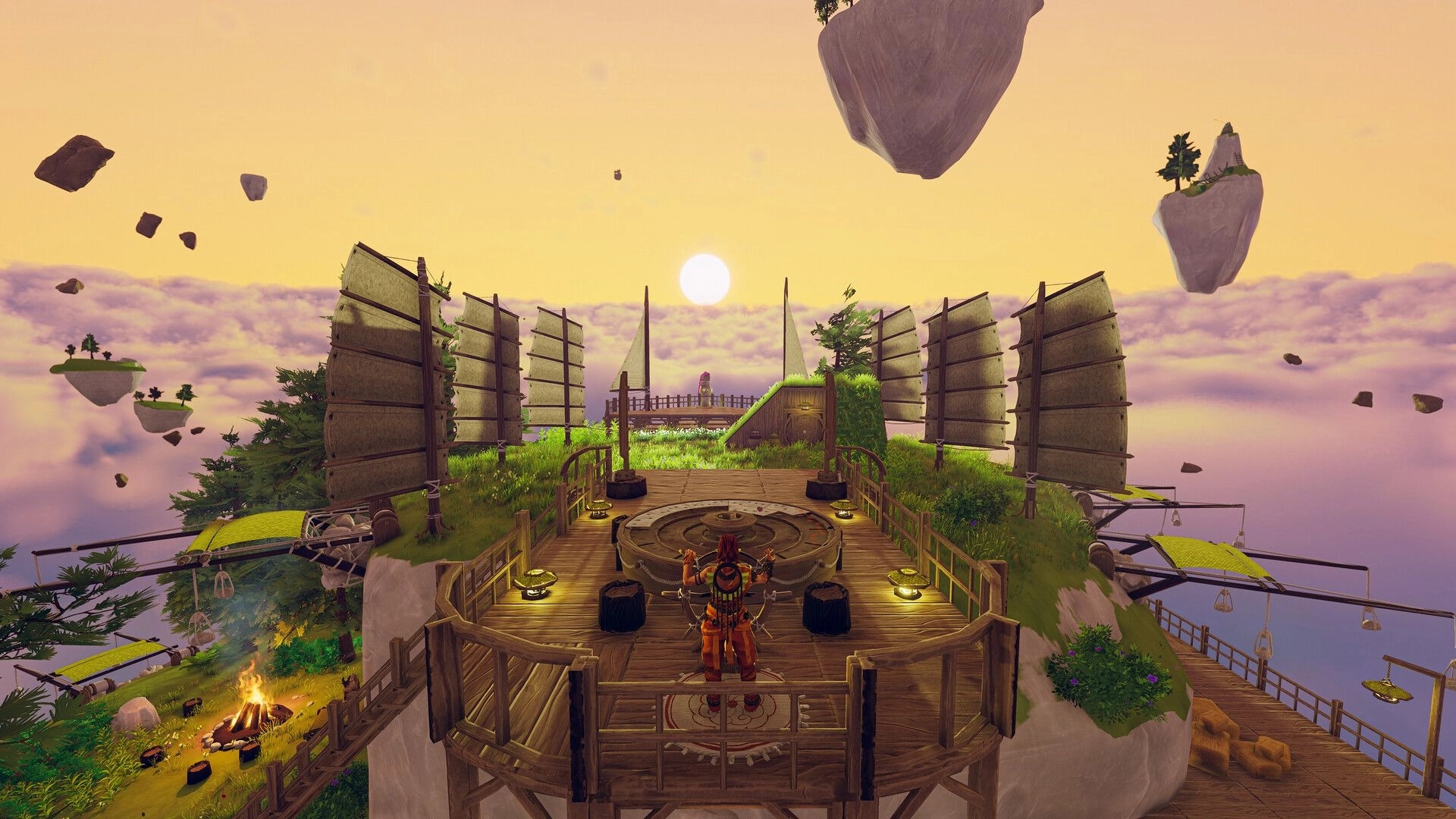 Aloft: Character stands on wooden platform amid floating islands at sunset, lush greenery surrounds.