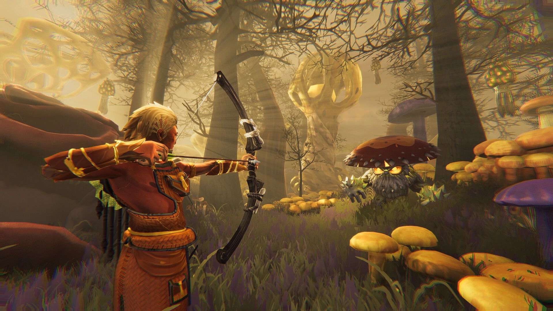 Aloft: Character aiming bow at a creature in a mystical forest with giant mushrooms and trees.