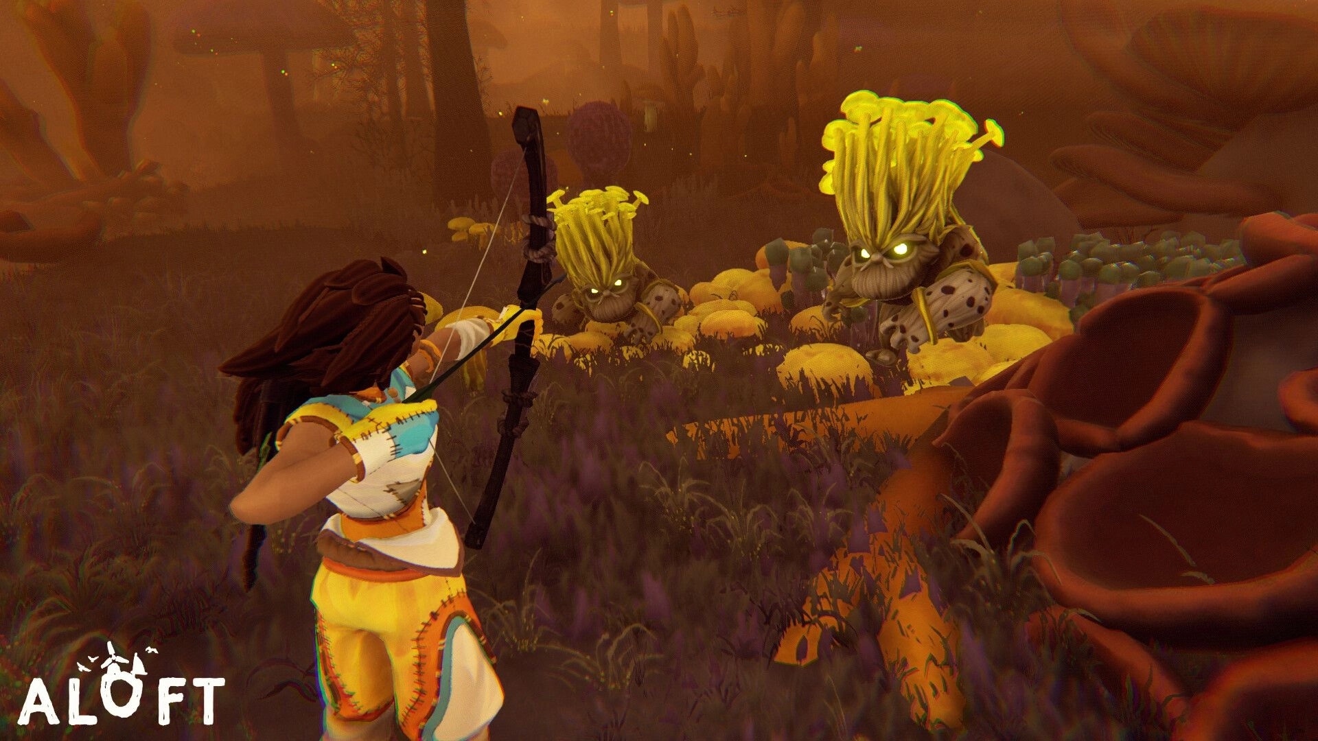 Aloft: Character aiming bow at glowing-eyed creatures in a mushroom-filled, foggy forest environment.