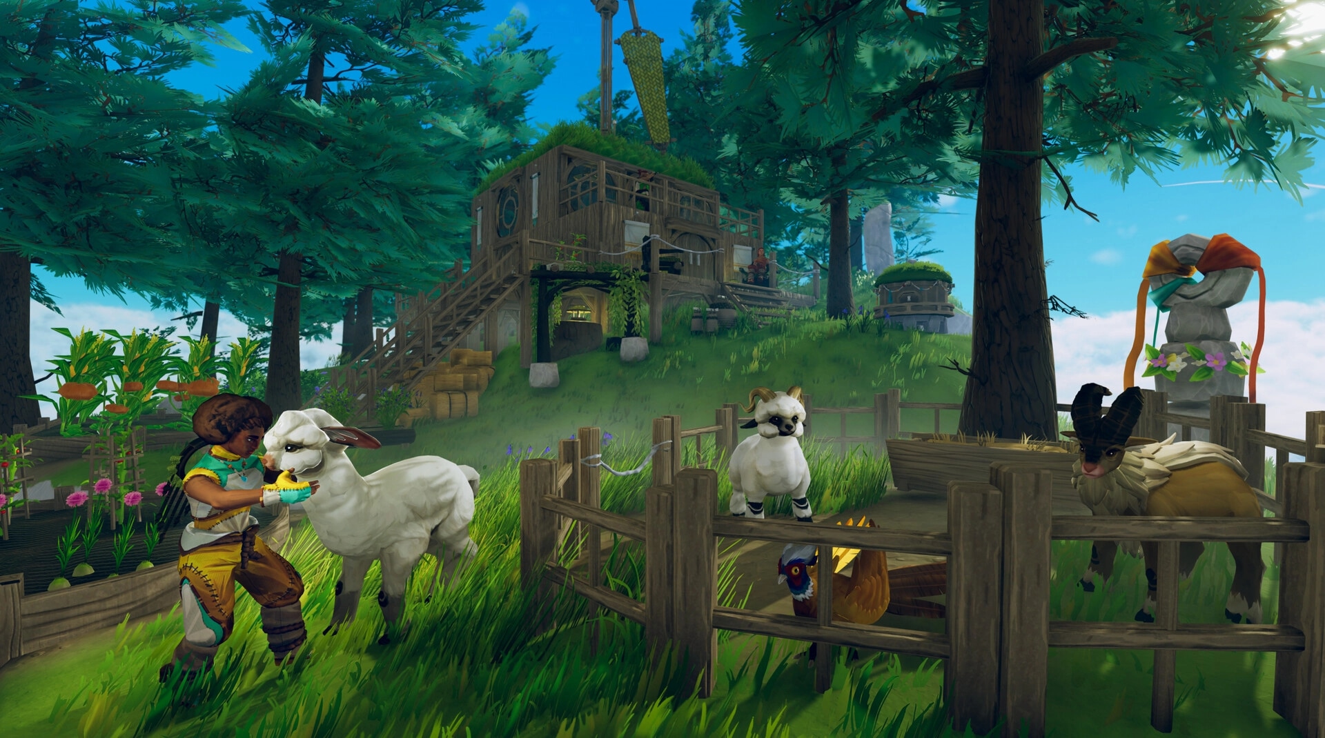 Aloft: Character feeding sheep near a wooden house surrounded by trees on a floating island