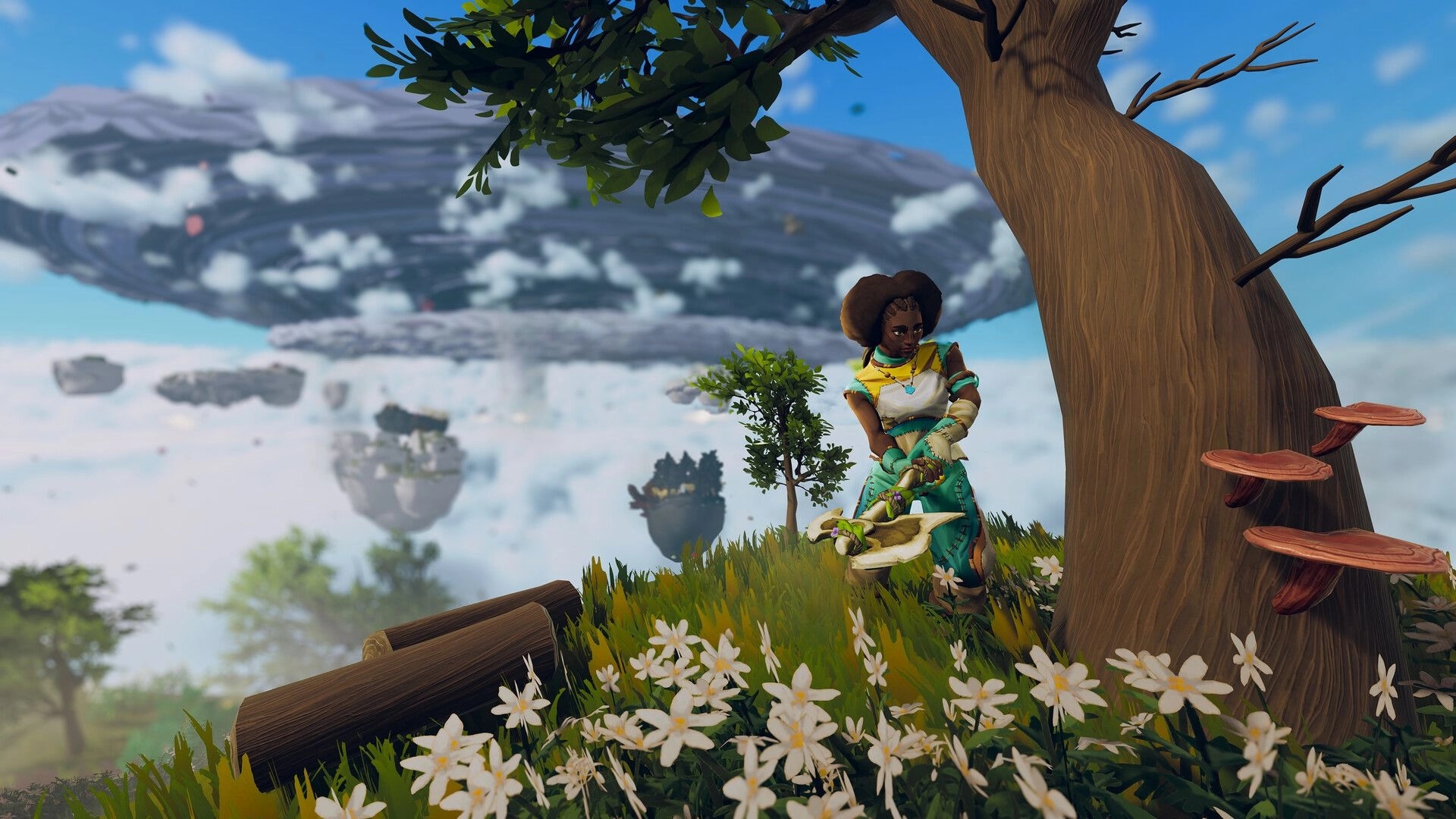 Aloft: Character gathering resources on a grassy floating island with sky and distant islands visible