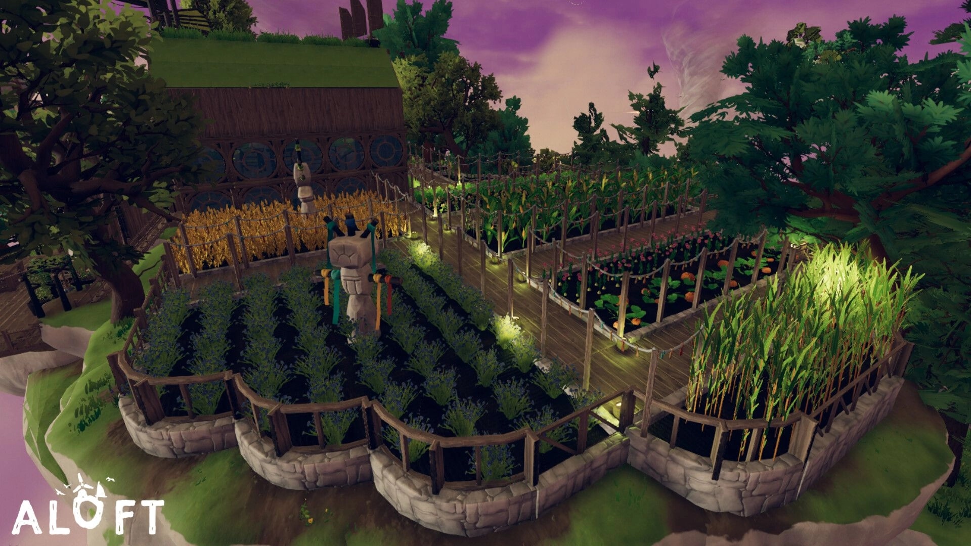 Aloft: Lush garden with crops and wooden structures on a floating island under a vibrant sky