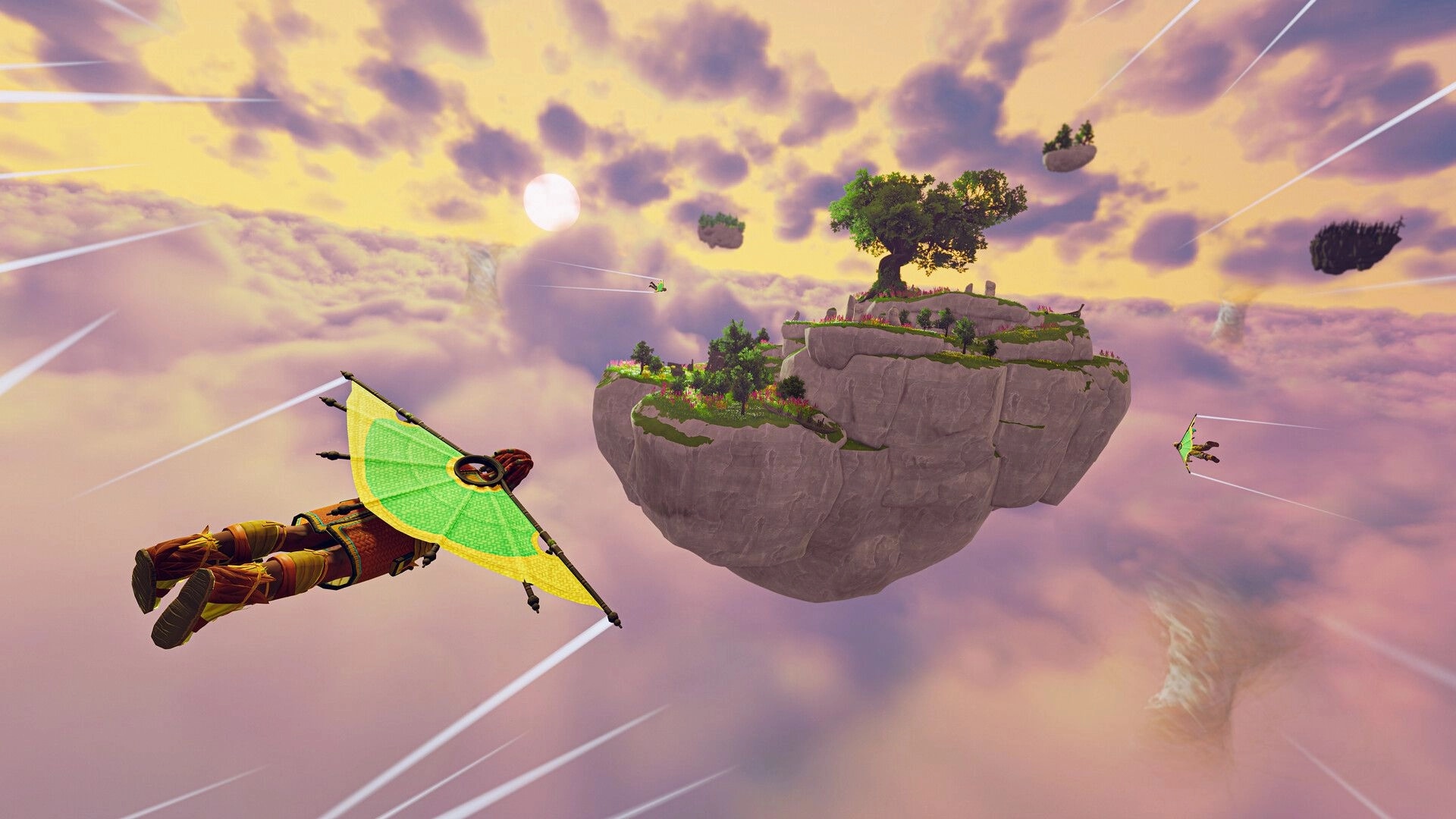 Aloft: Gliding towards a lush floating island with vibrant flowers under a colorful sky at sunset.