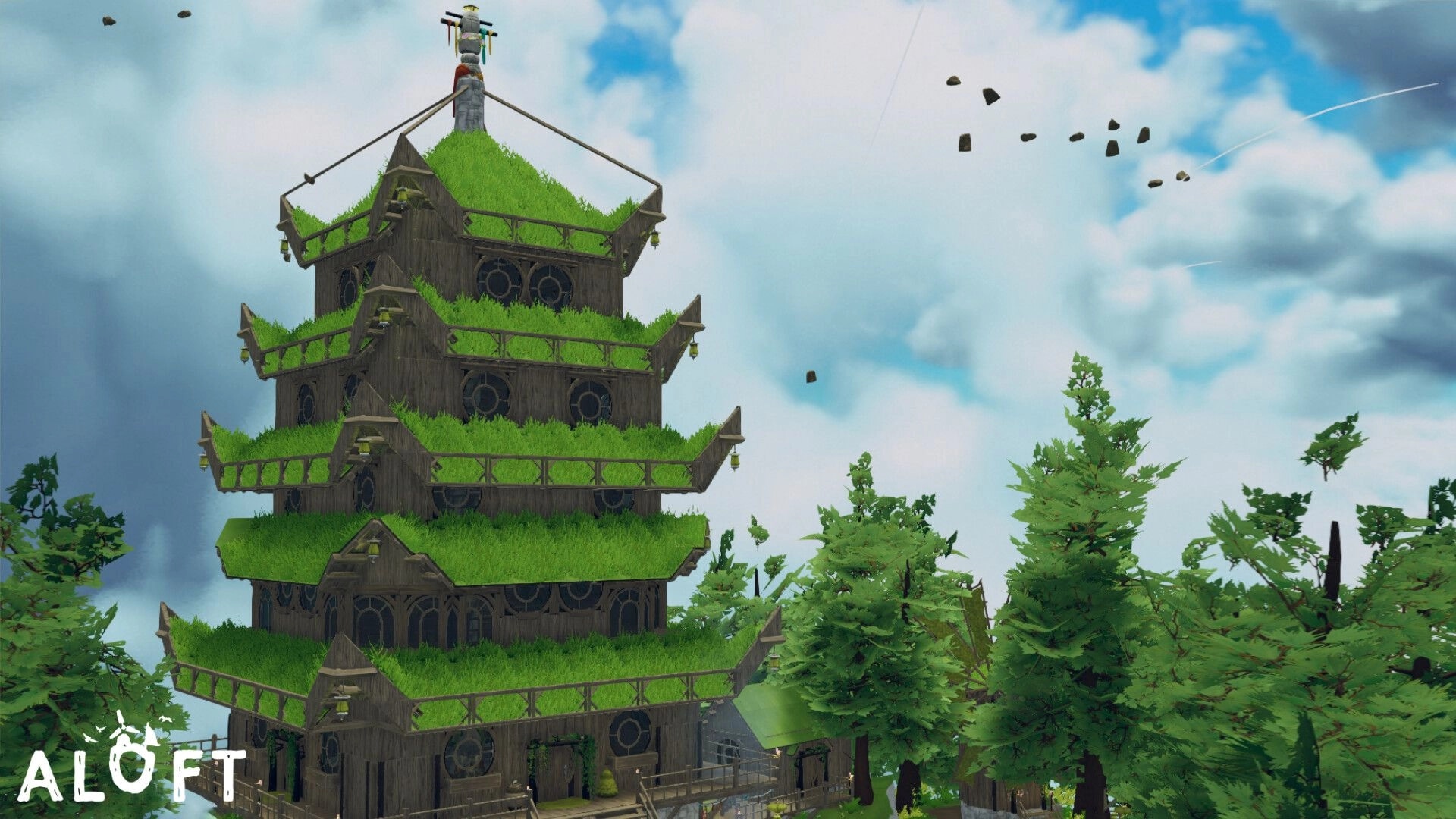 Aloft: Towering wooden pagoda with grass roofs amidst green trees on a floating island under cloudy skies
