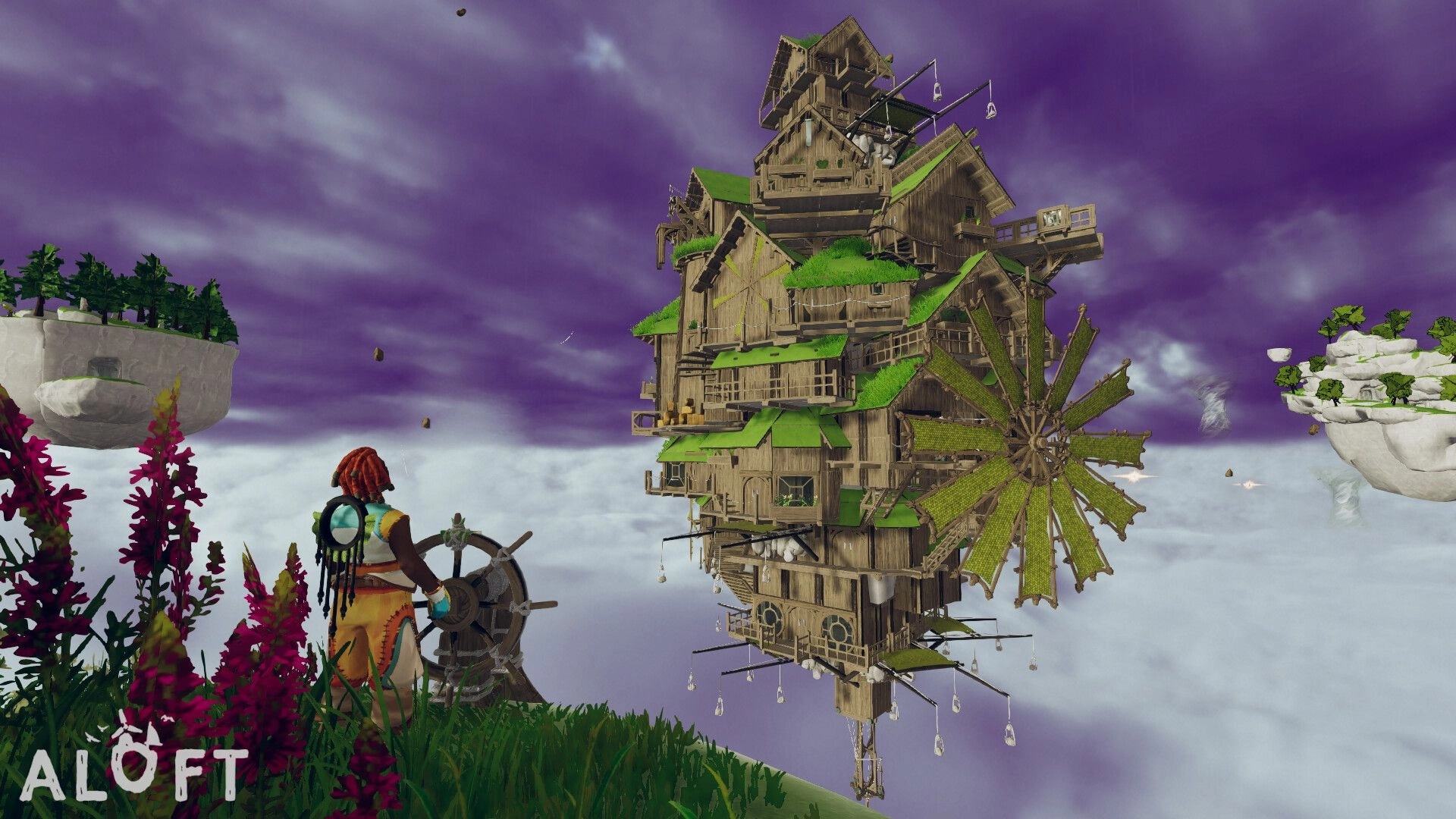 Aloft: Character steering a wheel on grassy island with complex skyship against purple sky backdrop