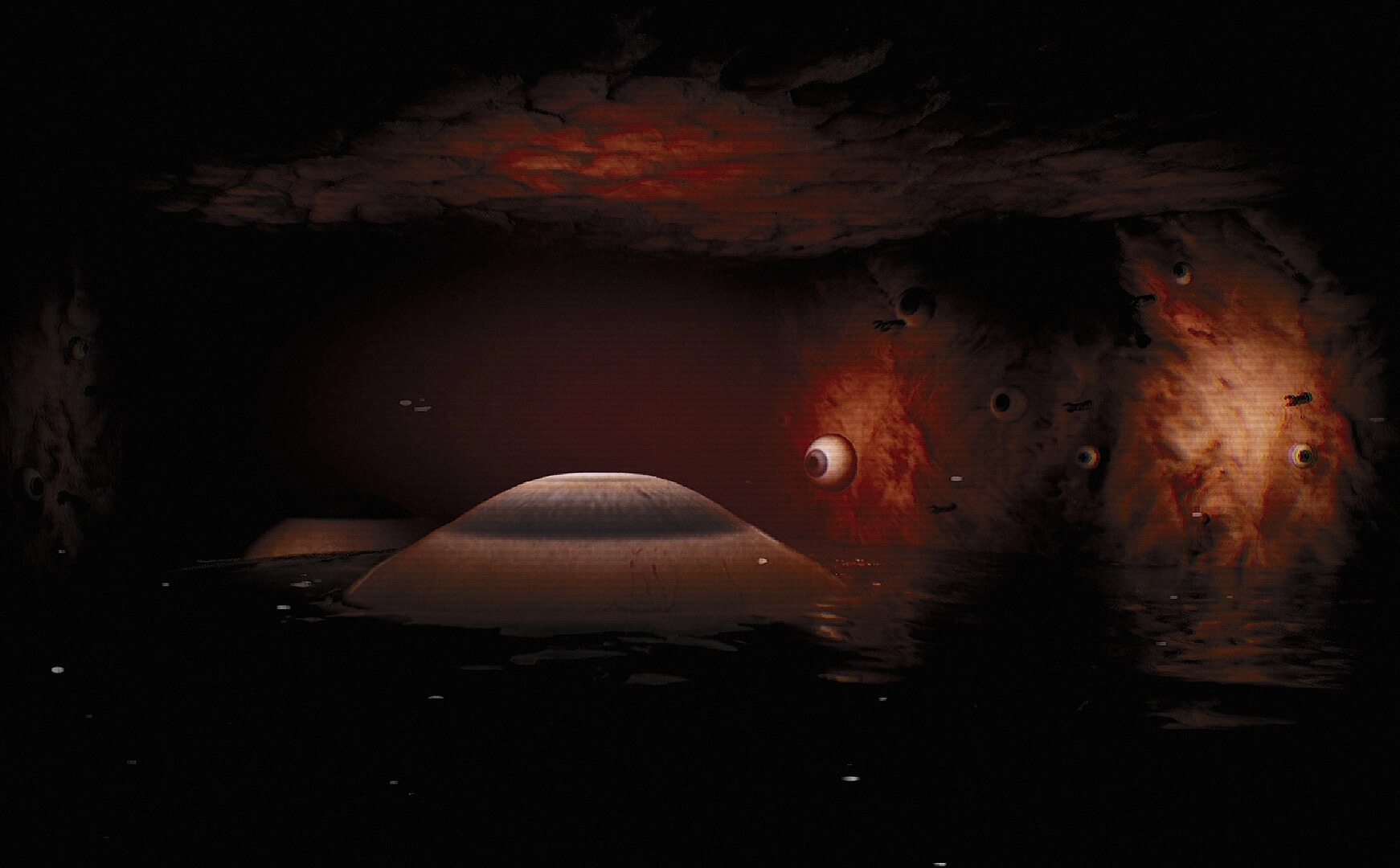 ALONE: Dark flooded chamber with a domed platform and fleshy walls studded with staring eyes.