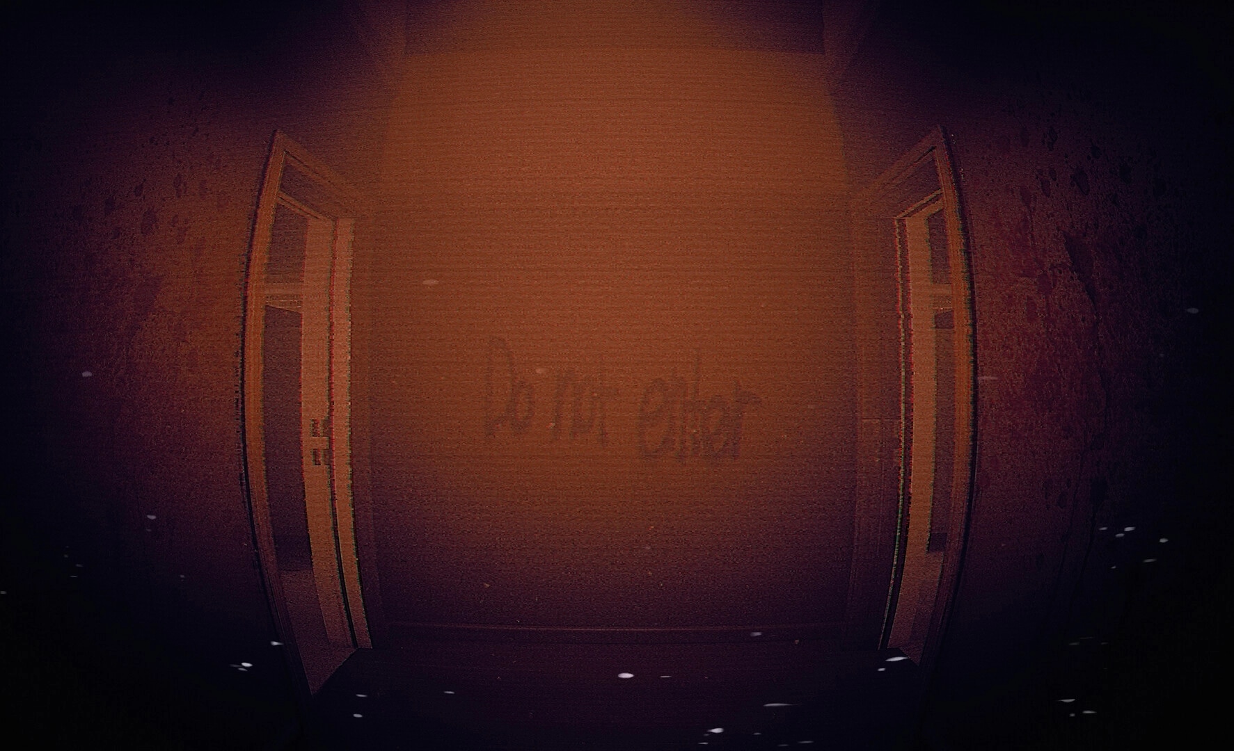 ALONE: First-person view through open double doors into a grainy, red-lit hallway with foggy vignette.