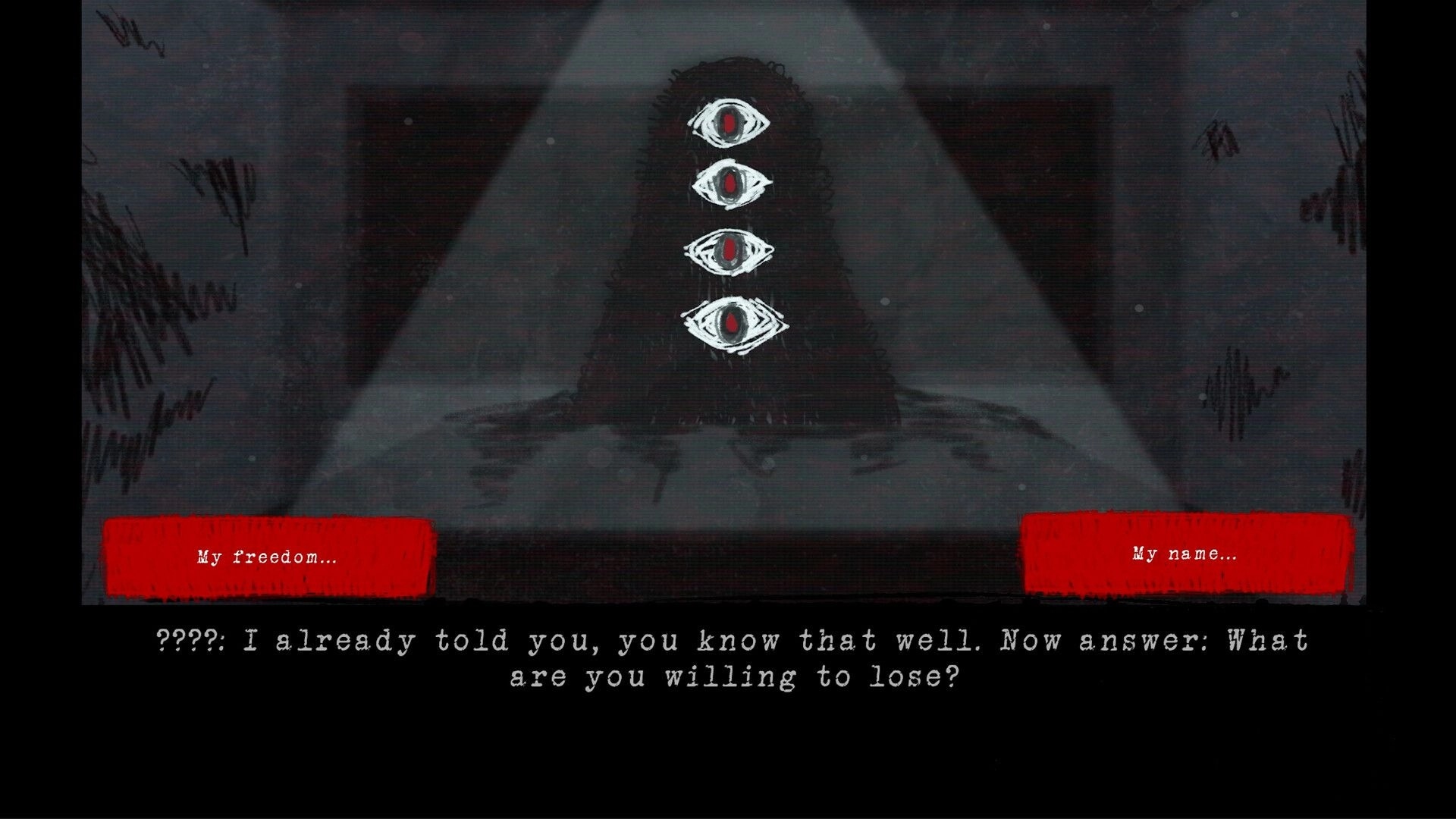 ALONE: Dialogue choice screen with shadow figure and four red eyes in a dim hallway, two options below.
