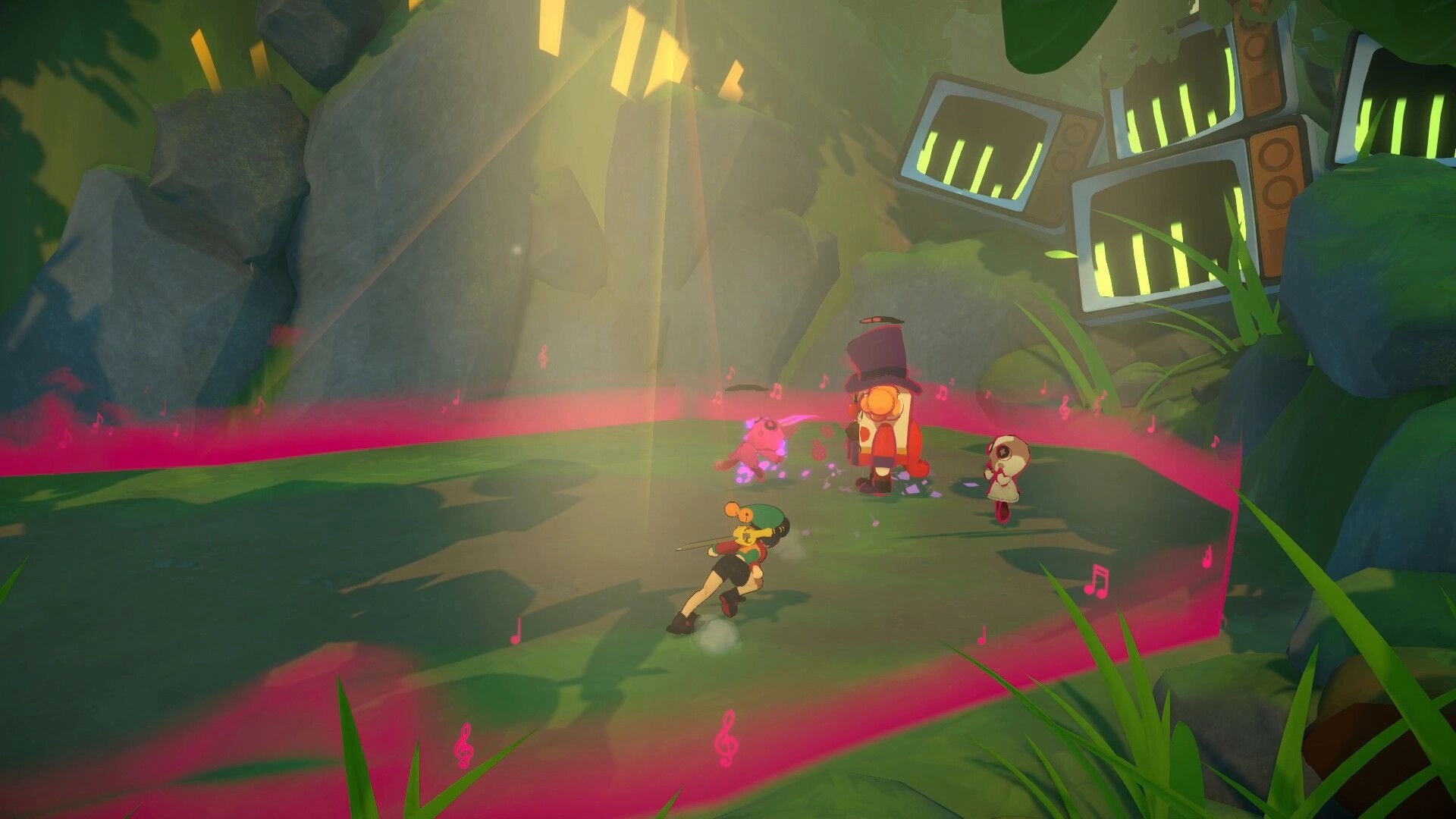 Alpha Nomos: Cello battles rogue puppets in a vibrant forest arena with glowing music notes swirling