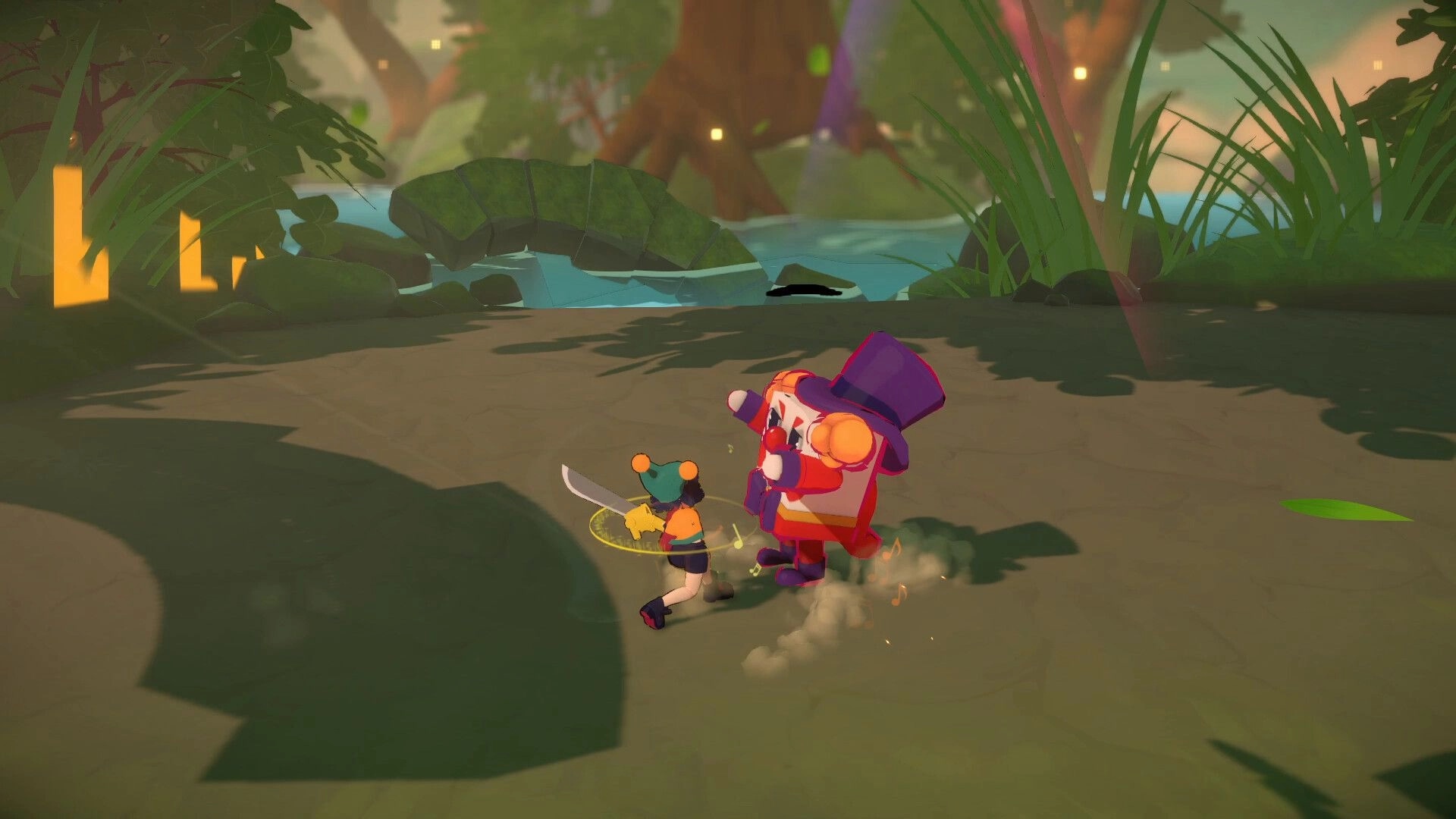 Alpha Nomos: Cello battles a puppet enemy in a lush forest, surrounded by glowing rhythmic notes