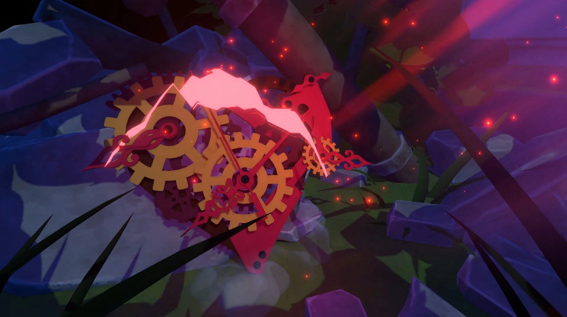 Alpha Nomos: Glowing pink and red gears surrounded by rocks and grass in a mystical forest setting