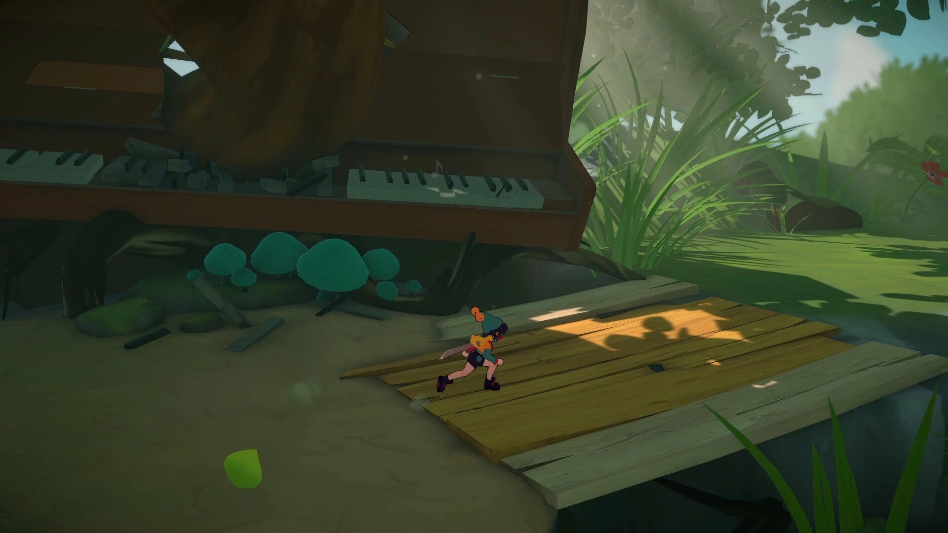 Alpha Nomos: Cello runs on a wooden path beside a giant, broken piano in a lush, overgrown forest