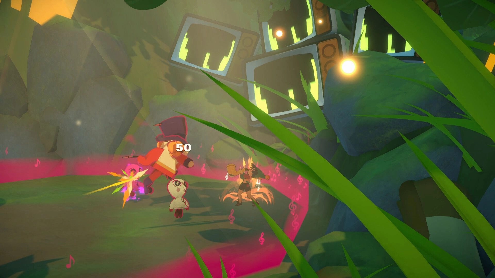 Alpha Nomos: Cello battles rogue puppets in a vibrant forest with musical notes and glowing screens