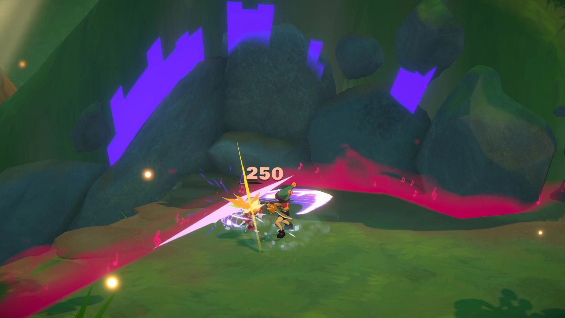 Alpha Nomos: Cello attacks a puppet with musical notes in a colorful cave, damage number 250 displayed
