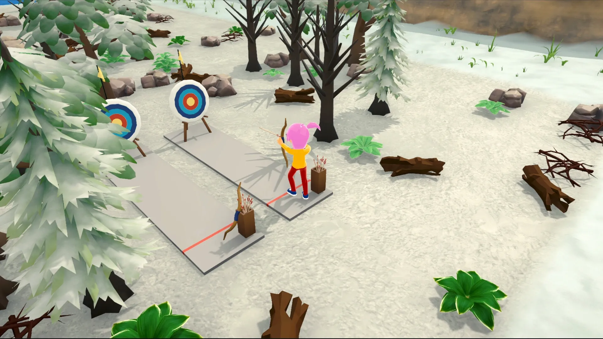 Alpine Lake: Character practicing archery at a snowy target range surrounded by trees and logs