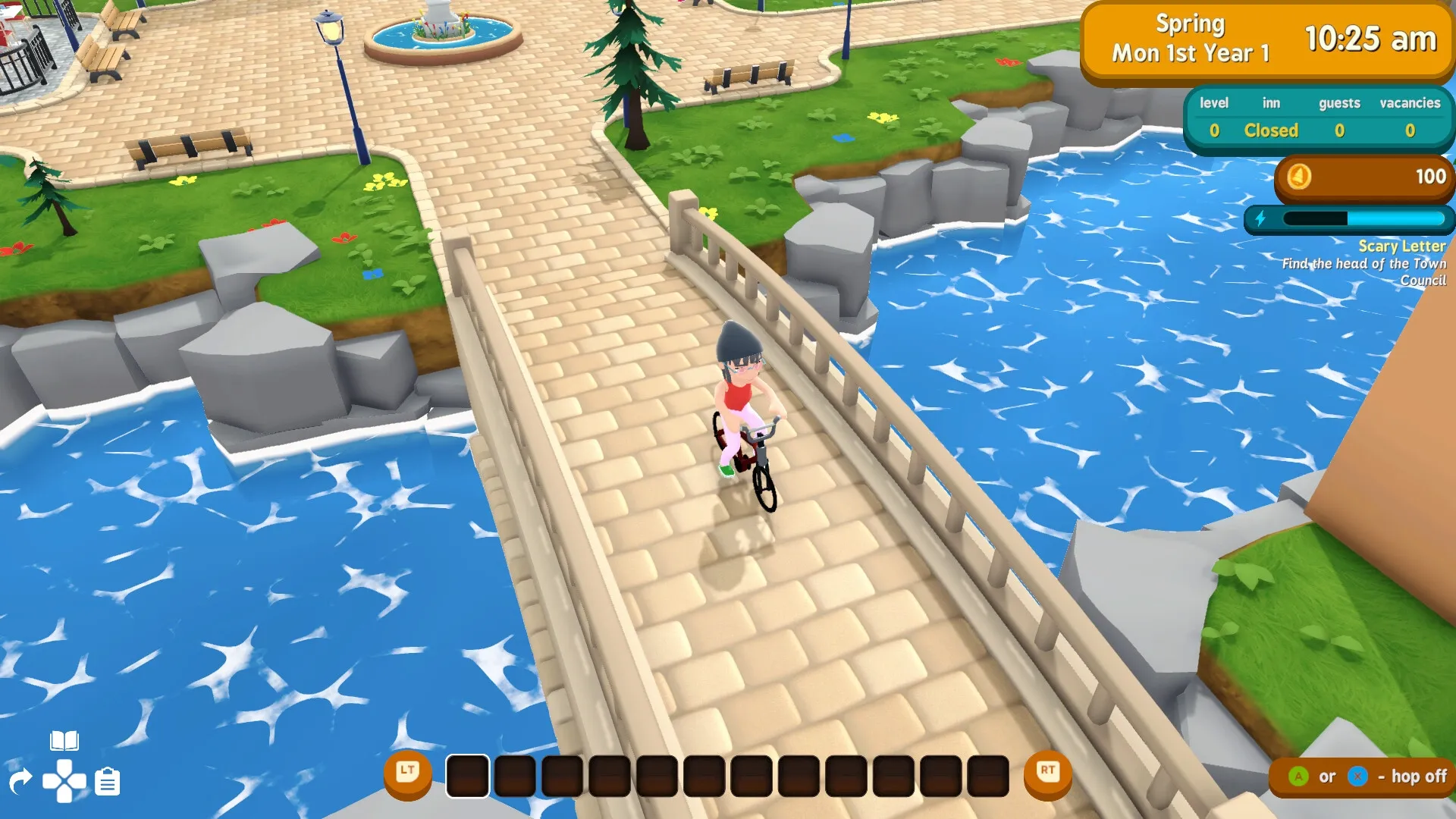 Alpine Lake: Character rides a bike over a stone bridge in a vibrant park setting by the lake.