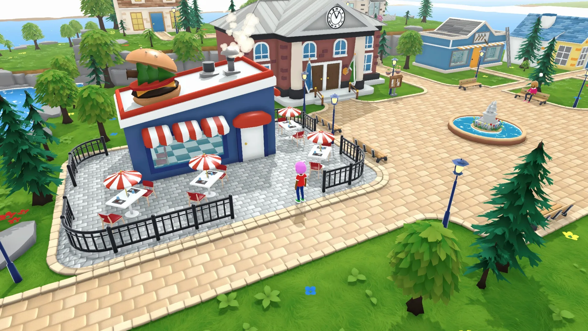 Alpine Lake: Character stands outside a diner with outdoor seating, surrounded by trees and a fountain.