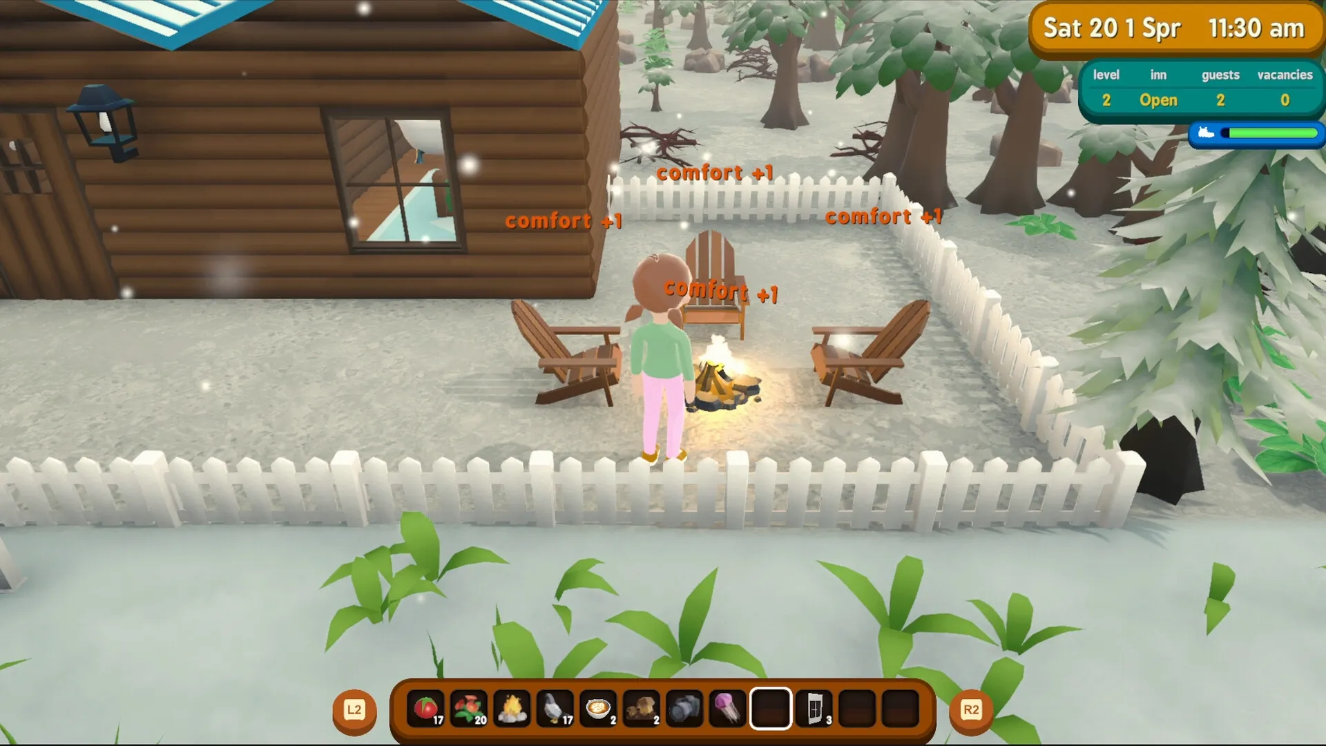 Alpine Lake: Character by campfire gaining comfort points near a log cabin with snowy forest surroundings.