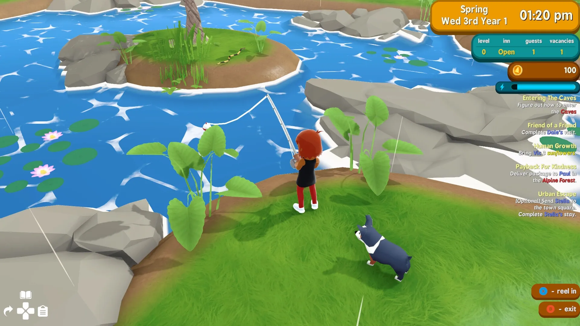 Alpine Lake: Character fishing by a lake with a dog, quest list and time displayed on the interface