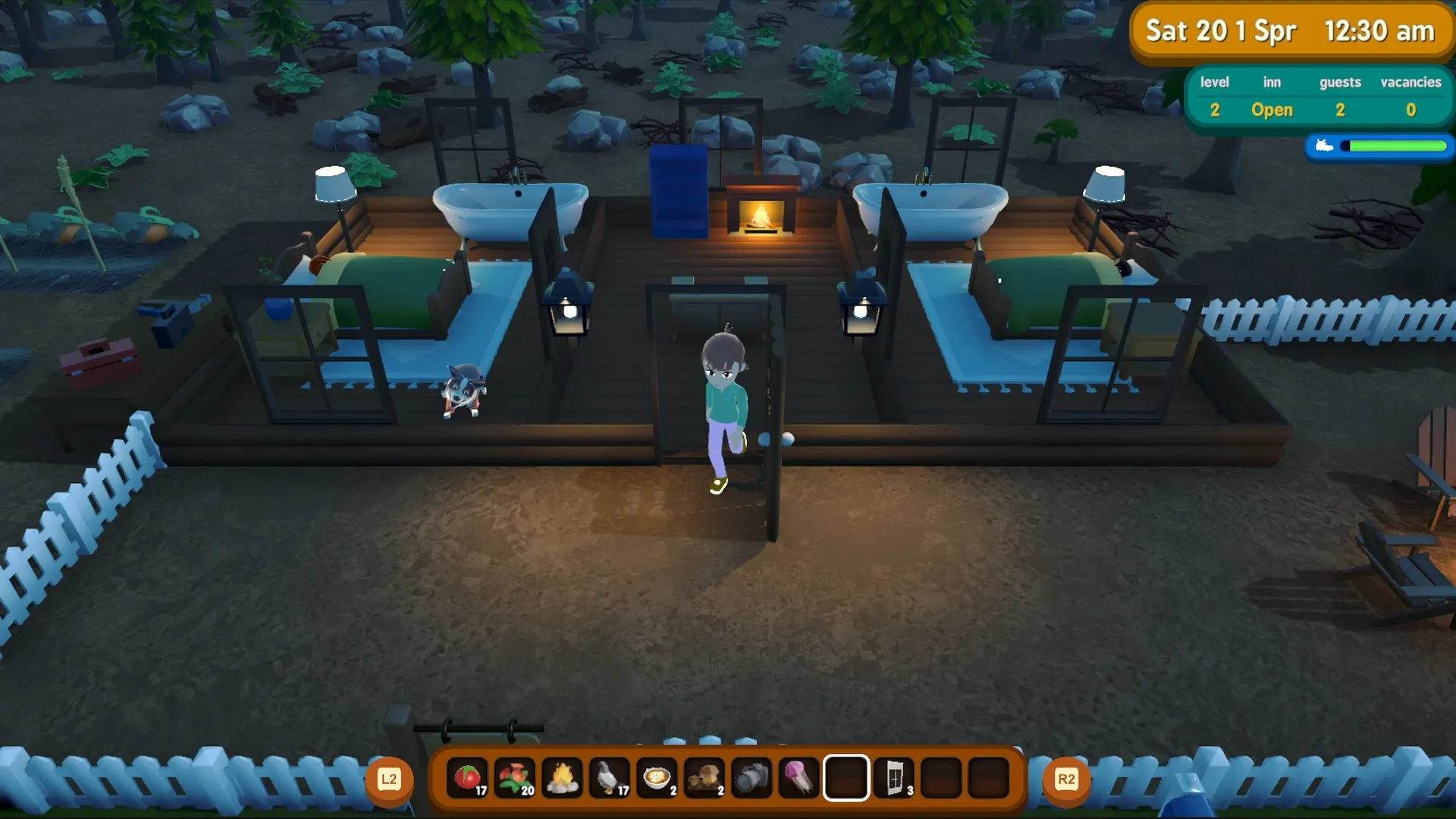 Alpine Lake: Character exits cozy inn with two beds, bathtubs, and a fireplace in a forest setting.