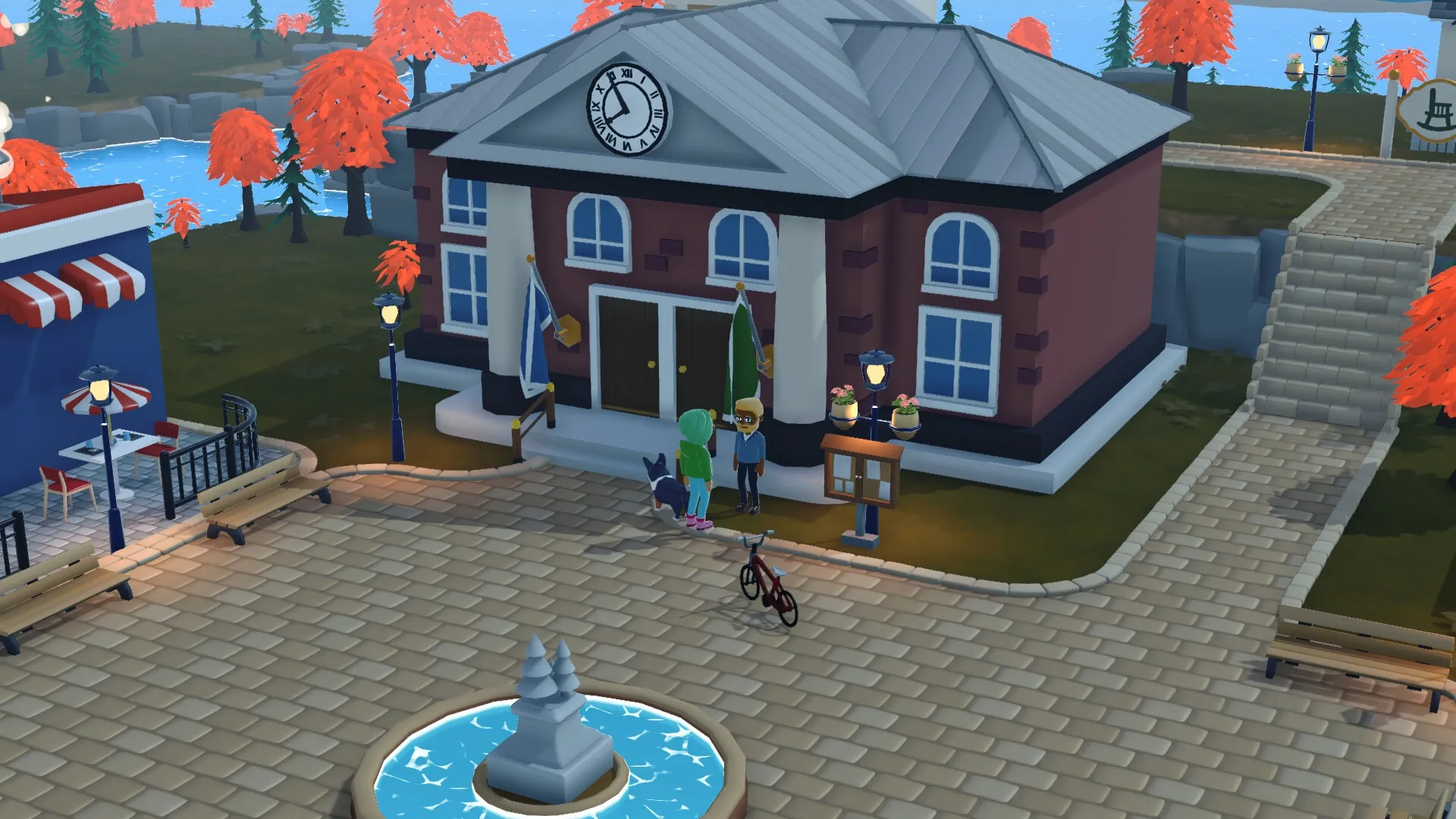 Alpine Lake: Characters converse outside town hall with clock tower near autumn trees and lake background