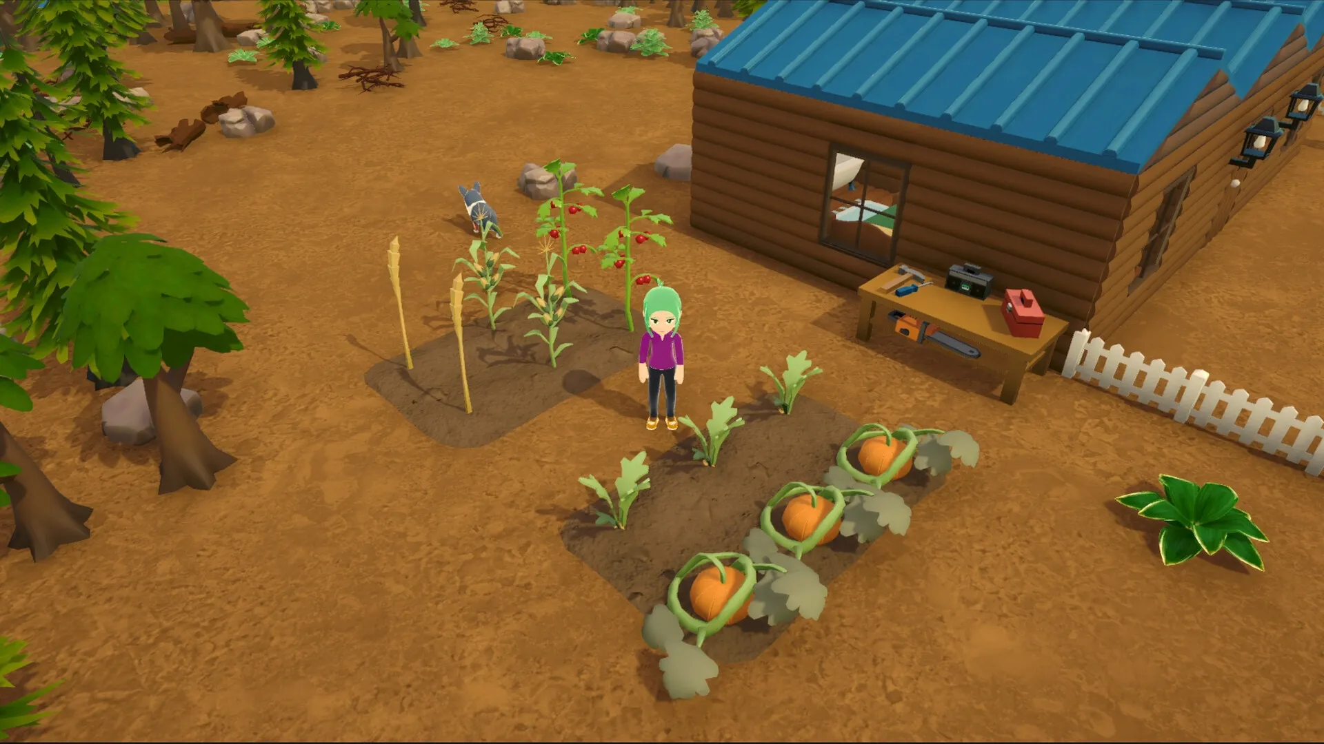 Alpine Lake: Character tending a garden beside a log cabin, surrounded by trees and farmland tools.