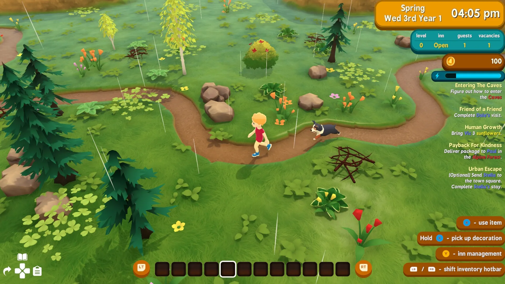 Alpine Lake: Character walking dog on forest path with quest list and time display in top right corner
