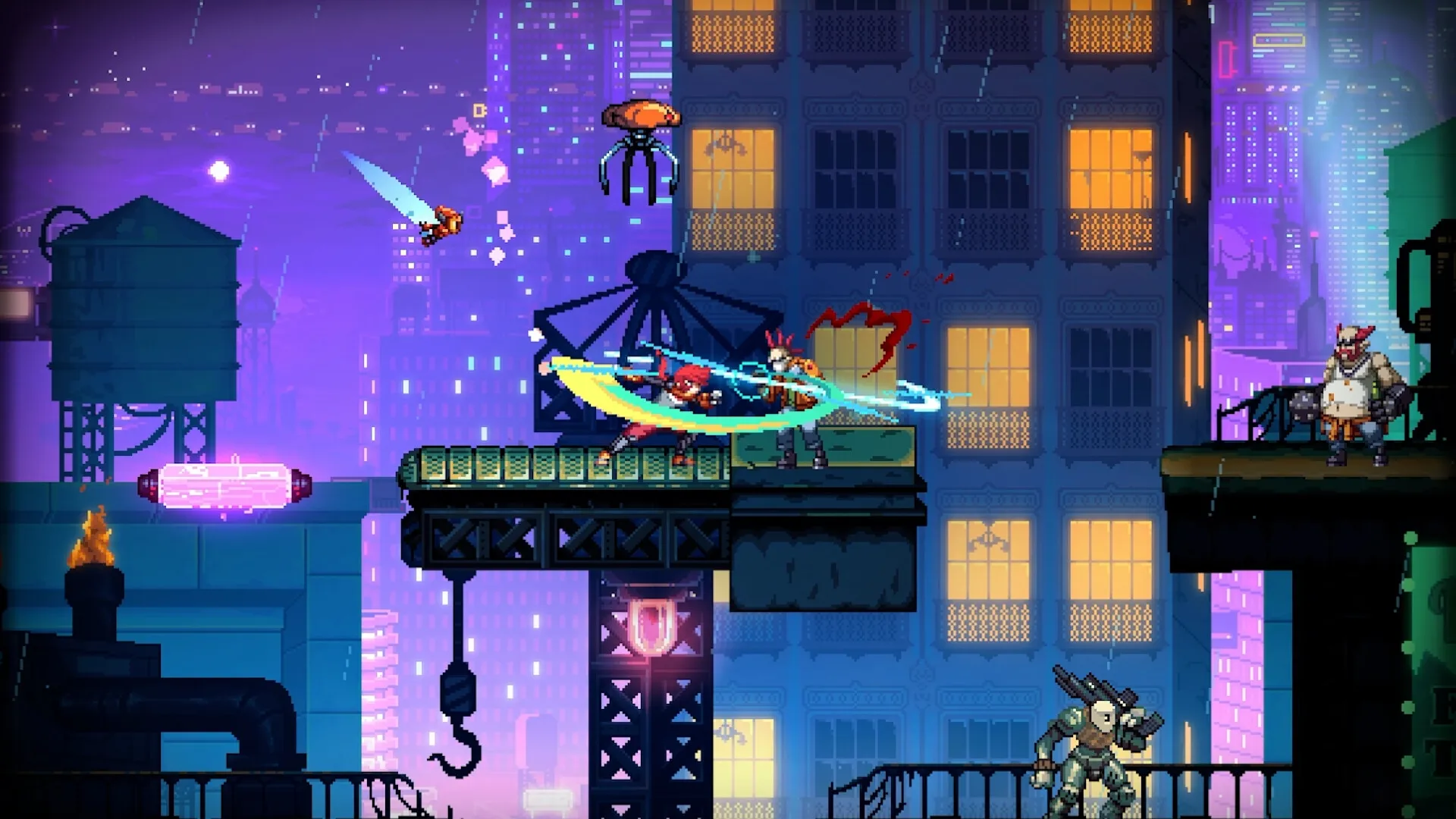 Altered Alma: Intense rooftop combat with enemies in vibrant, neon-lit Neo Barcelona cityscape