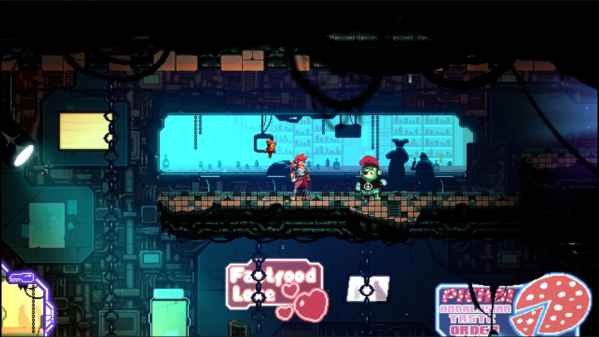 Altered Alma: Character interaction on a neon-lit platform inside a futuristic bar in Neo Barcelona