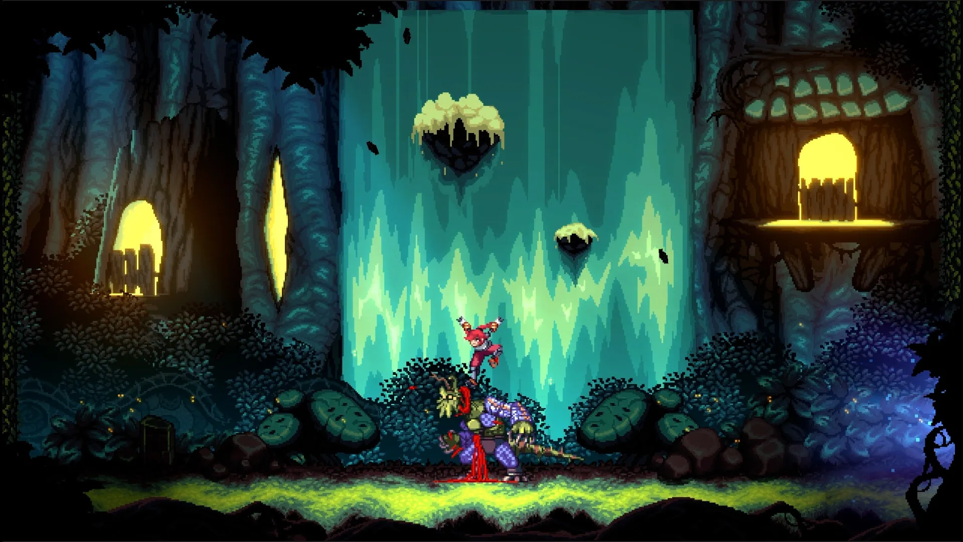 Altered Alma: Character performs aerial attack on enemy in lush, glowing forest environment.