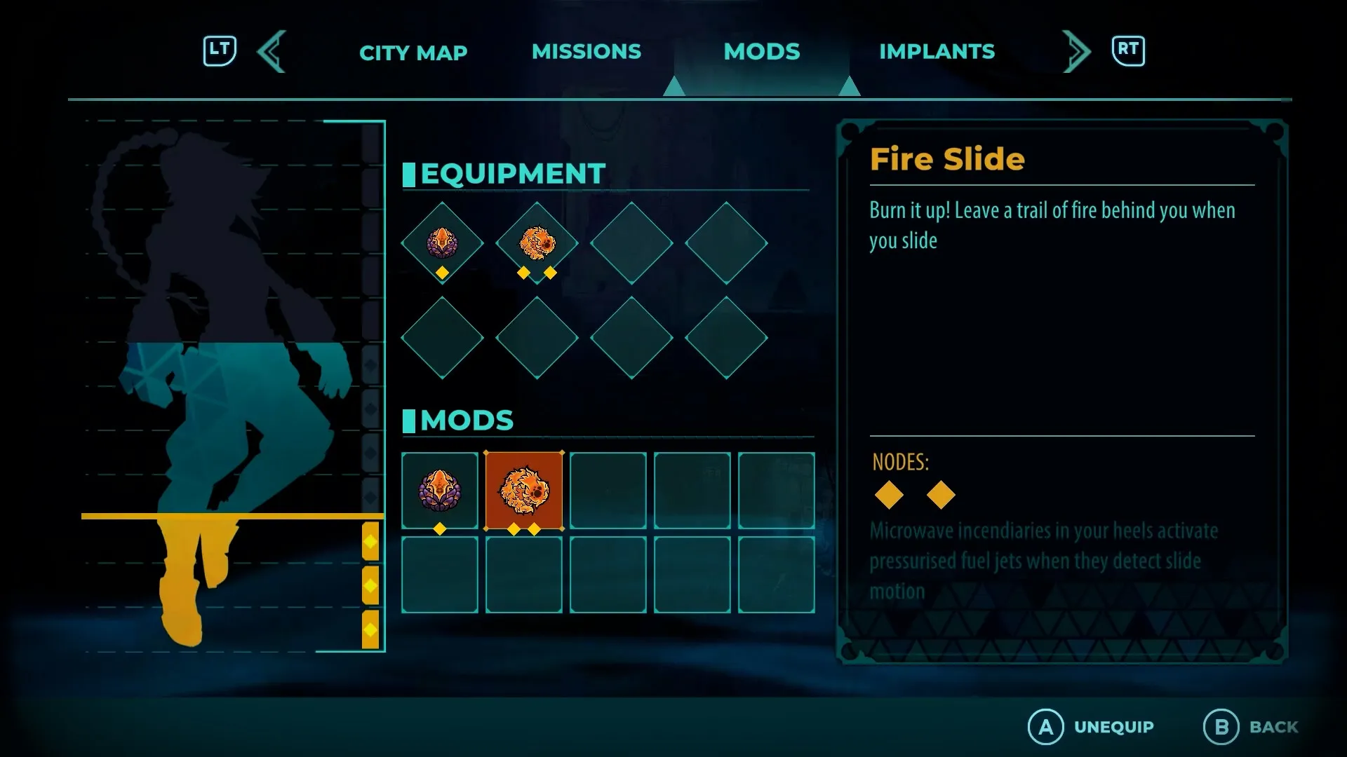 Altered Alma: Character mod menu showing silhouette, equipment slots, and Fire Slide mod description