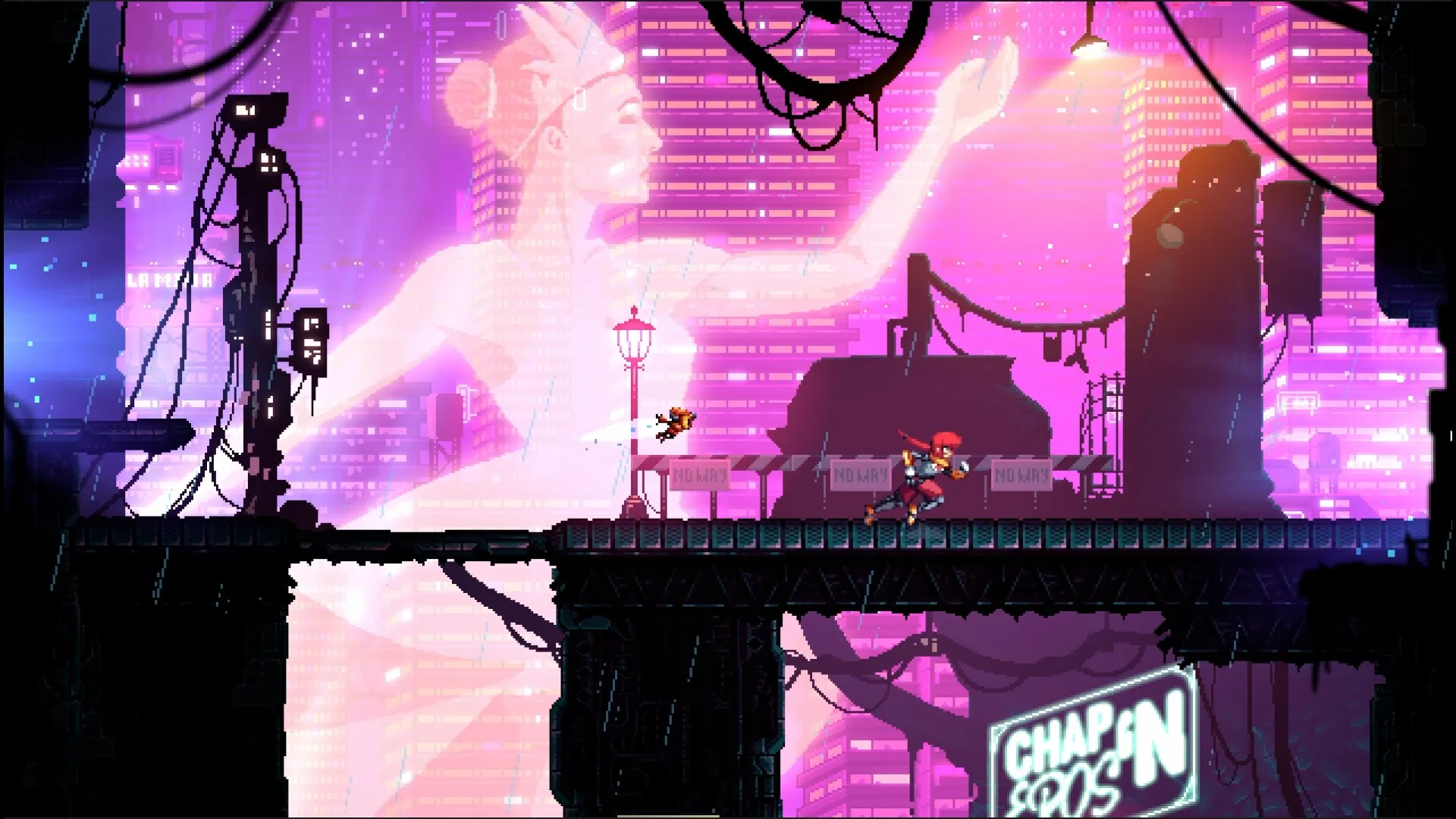 Altered Alma: Character running on a bridge in a neon-lit cyberpunk cityscape with a giant hologram.
