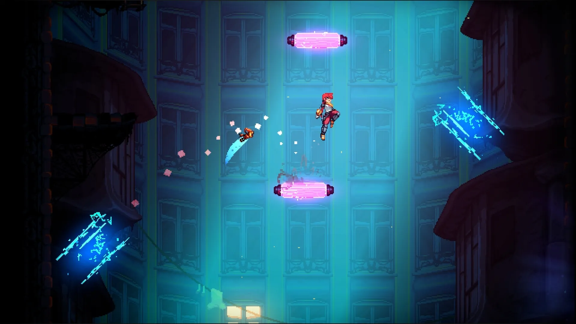 Altered Alma: Character jumps between neon platforms in a cyberpunk city alleyway setting
