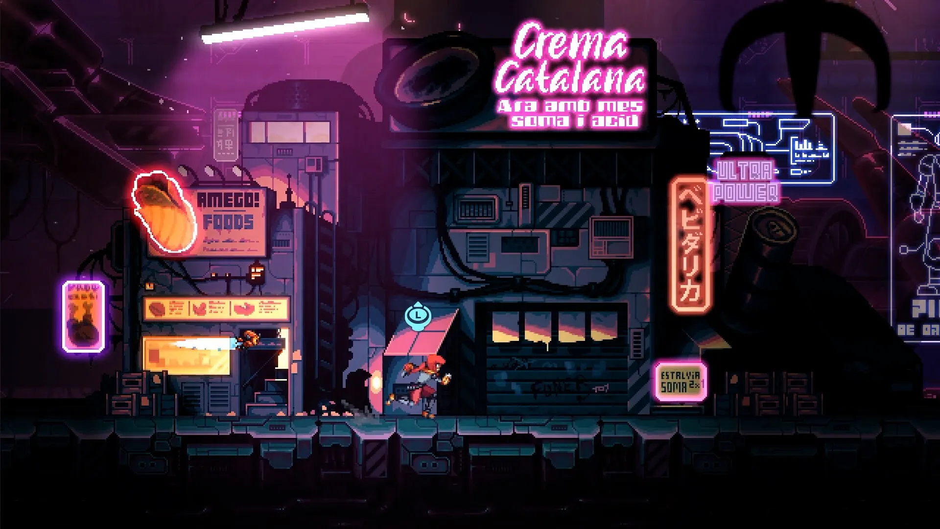 Altered Alma: Character running through neon-lit cyberpunk street past Amego Foods in Neo Barcelona