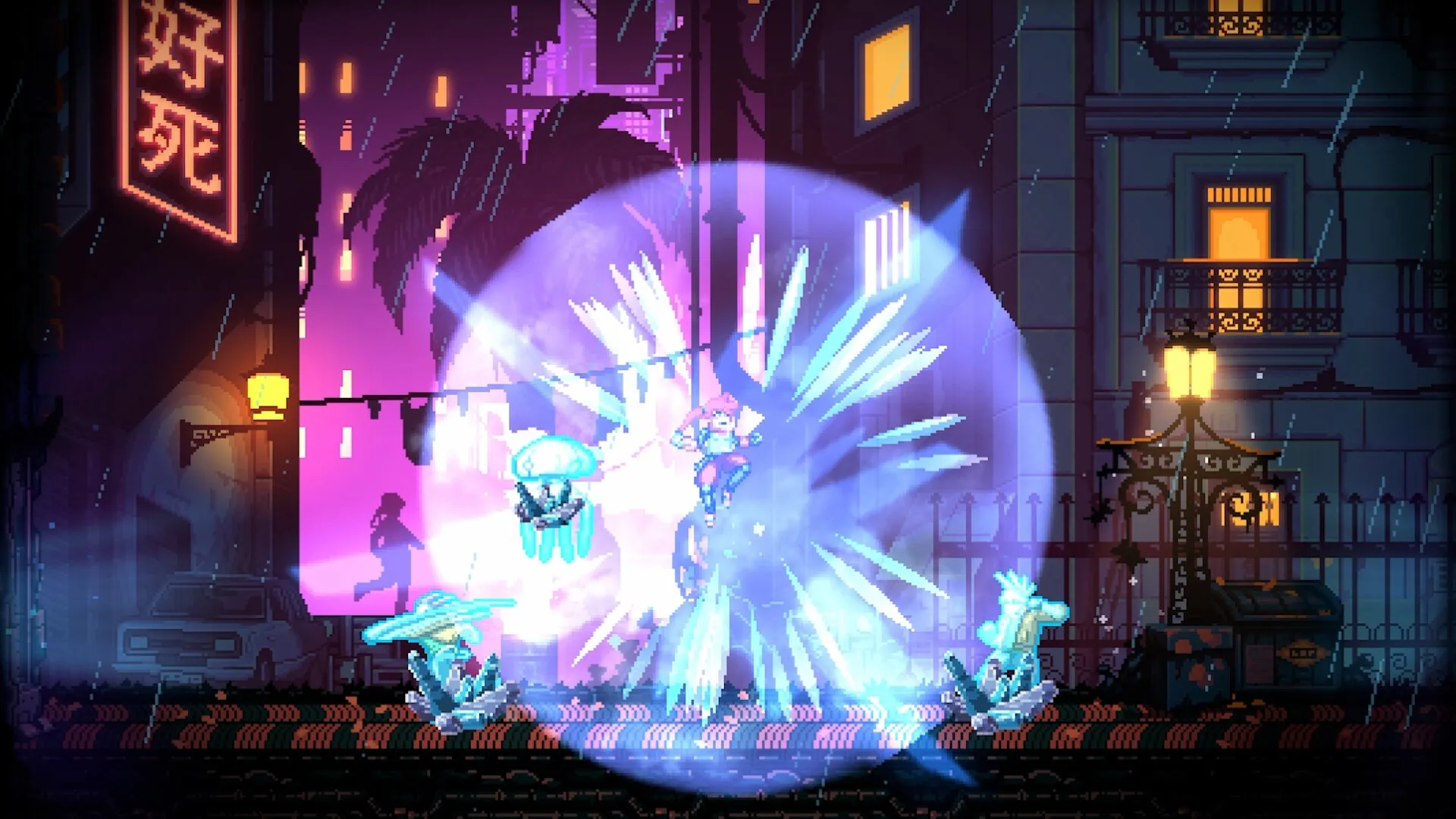Altered Alma: Character battling enemies in vibrant, rainy Neo Barcelona with neon-lit background.