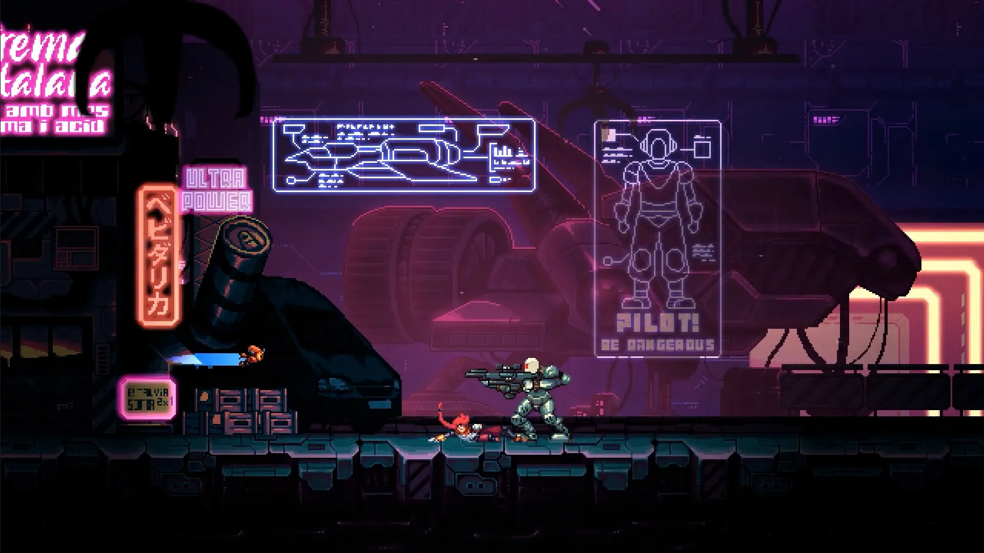 Altered Alma: Combat with an armored enemy in a neon-lit cyberpunk city environment with holograms