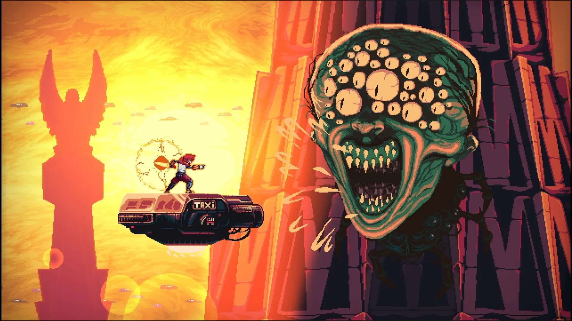 Altered Alma: Character battles a giant multi-eyed monster on a flying taxi in a vibrant sunset cityscape.