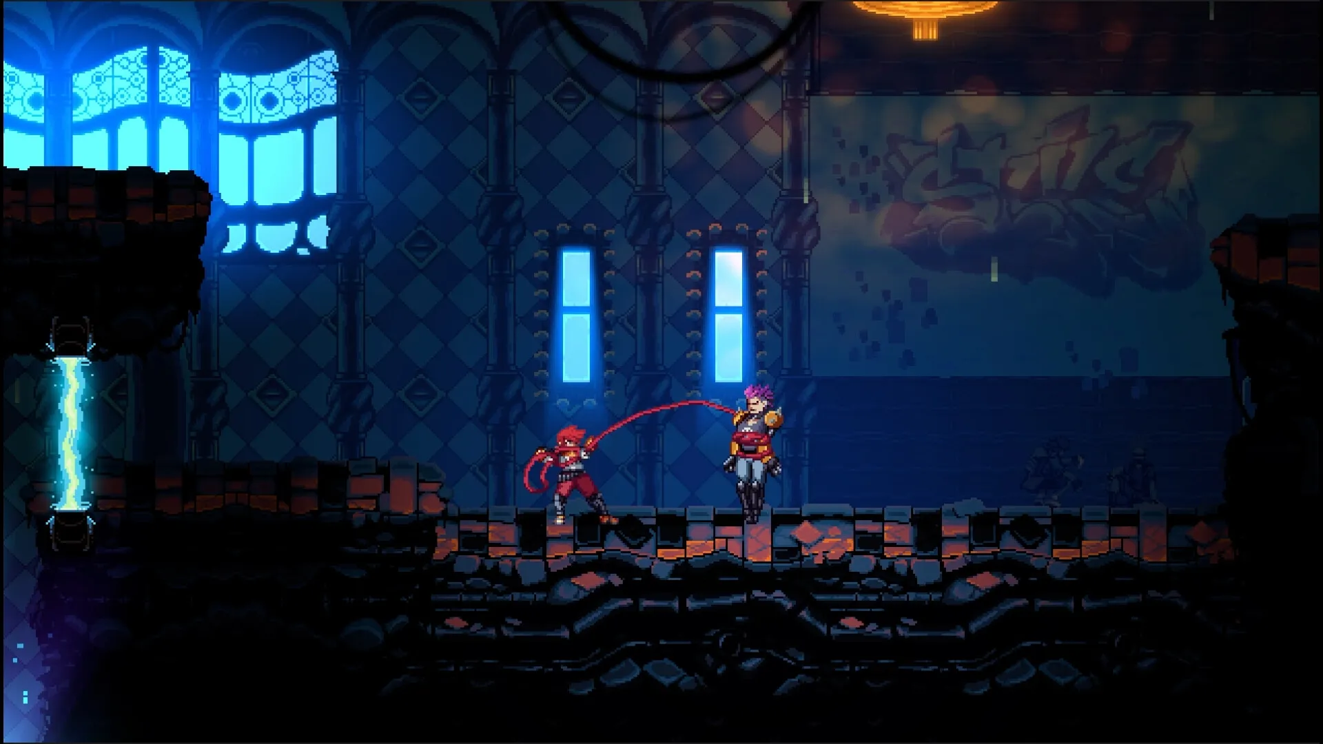 Altered Alma: Character using whip attack against enemy in dimly lit, graffiti-adorned hall