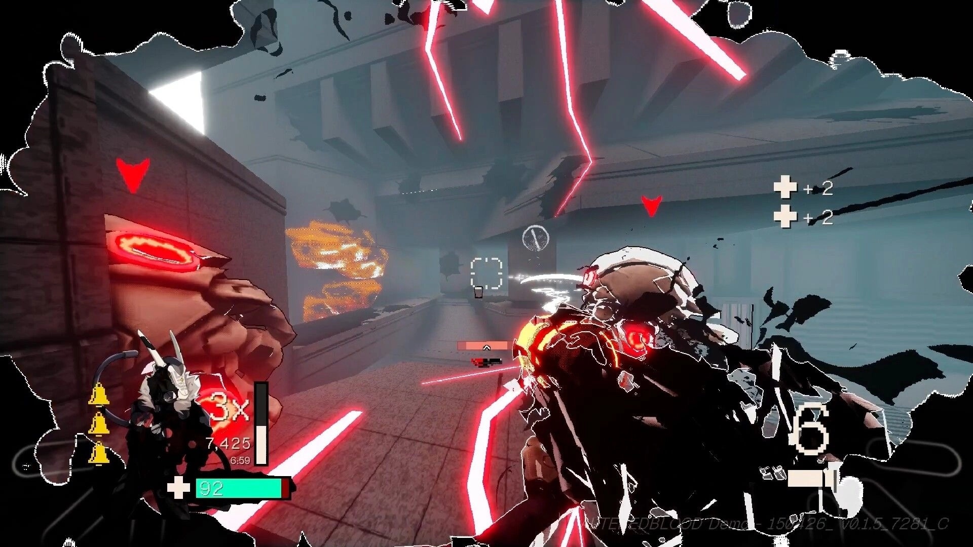 ALTEREDBLOOD+: First-person gunfight with red energy slashes in a gray corridor, HUD combo and health bar.