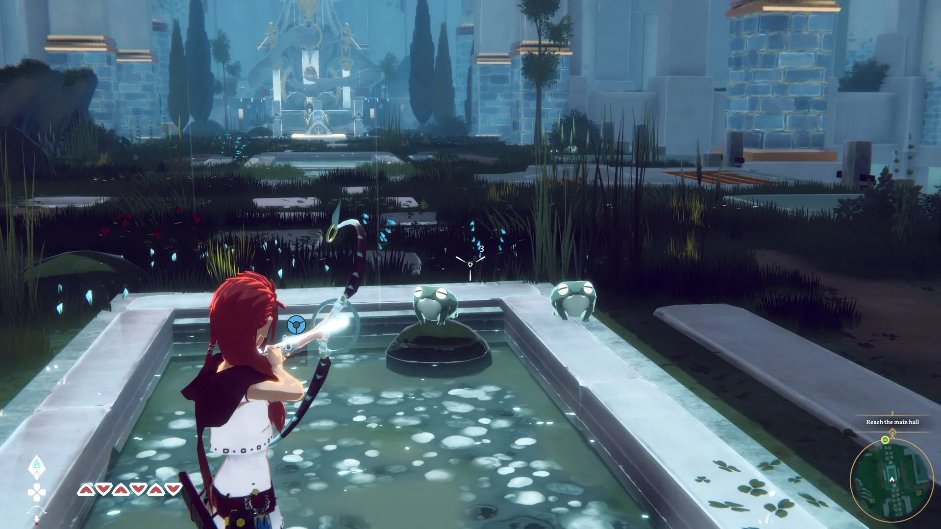 Altheia: Guardian aiming bow at frog statues in a serene temple garden with quest map overlay visible.