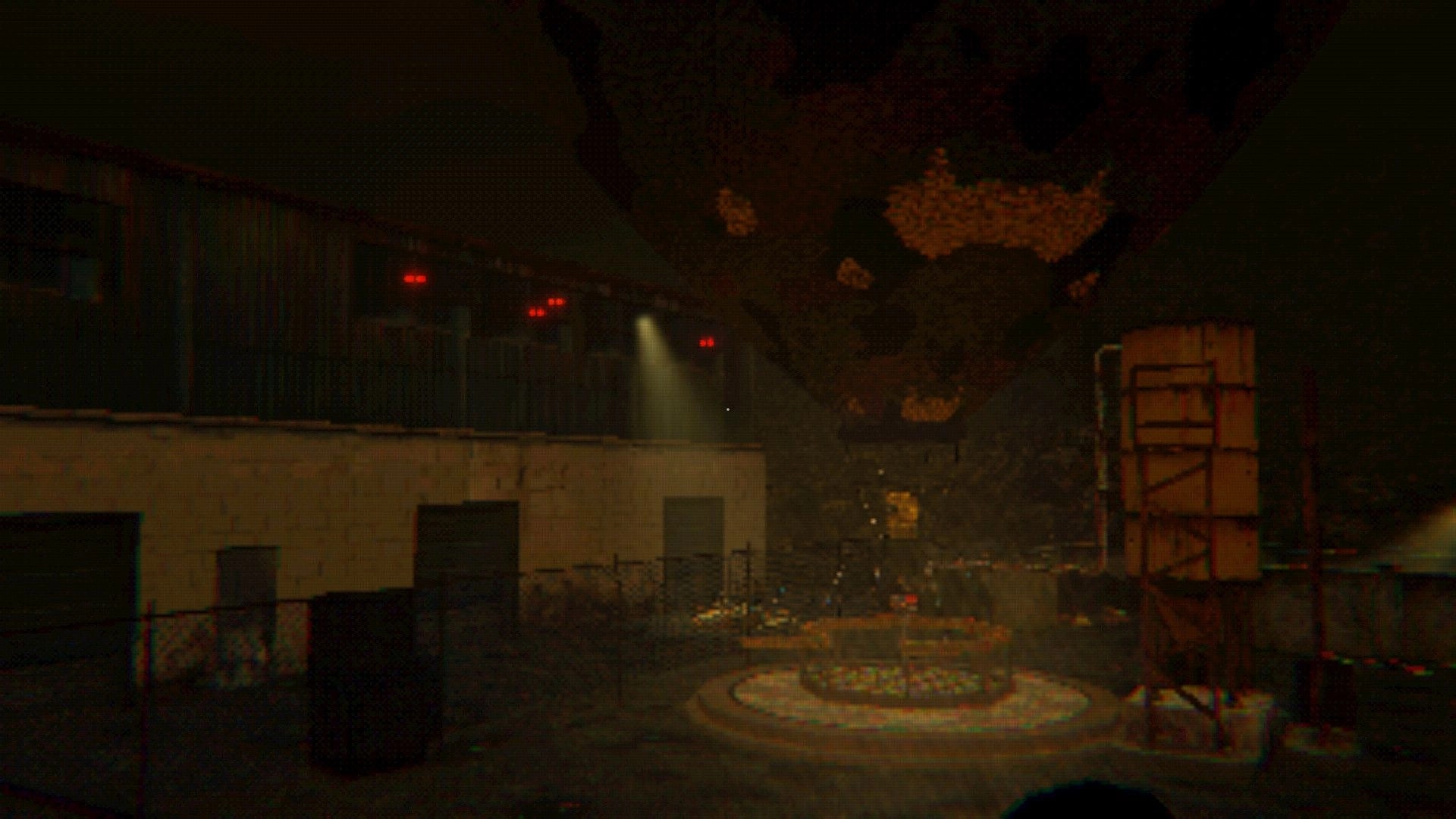Altitude Zero: Night view of an abandoned station yard with red lights, smoke, and crates in fog.