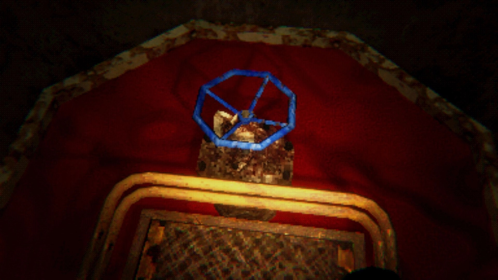 Altitude Zero: Blue wireframe reticle over a rusty control block inside a red hot air balloon basket.