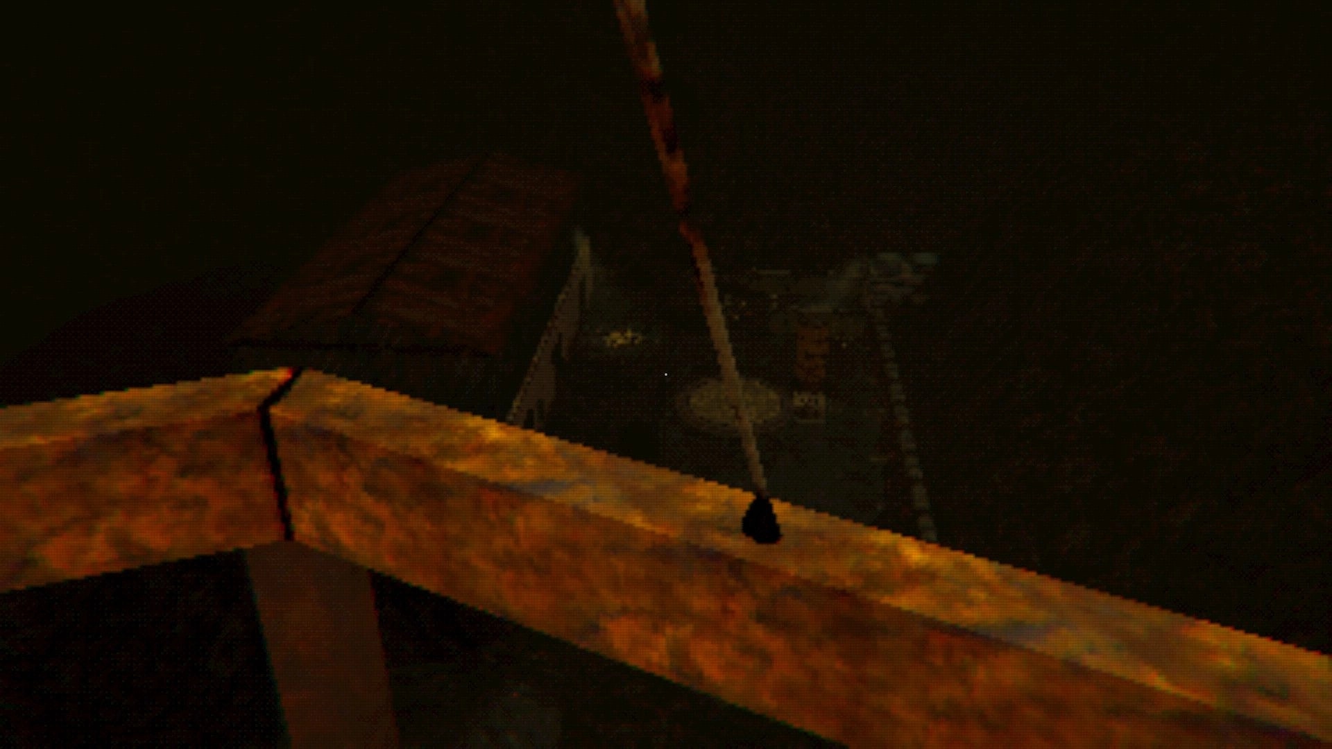 Altitude Zero: First-person view on a wooden beam inside a dark, rain-streaked industrial shaft.