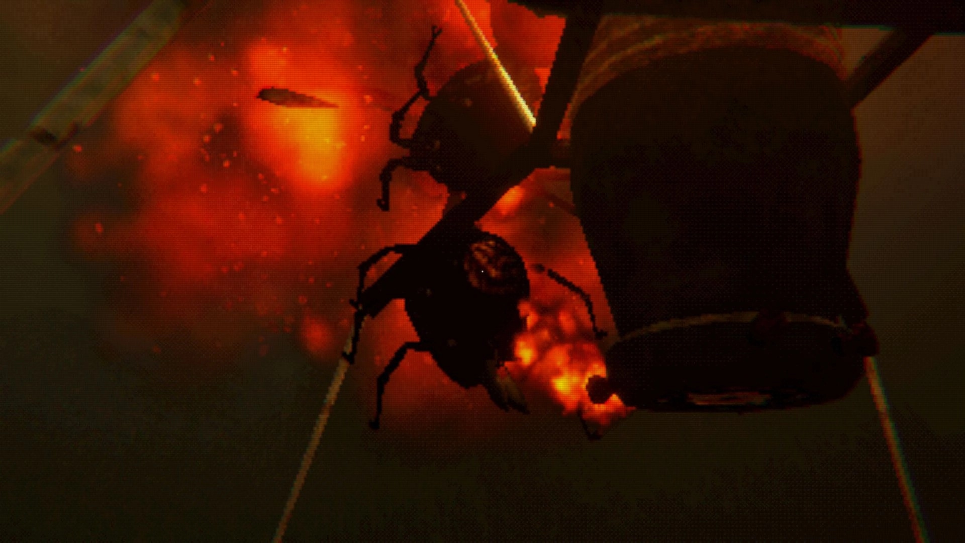Altitude Zero: Close-up of a large beetle crawling on balloon rigging against a fiery red sky.