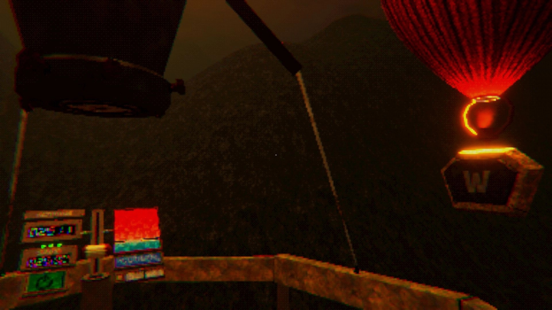 Altitude Zero: Hot air balloon basket view with glowing burner and gauges in dark foggy sky.
