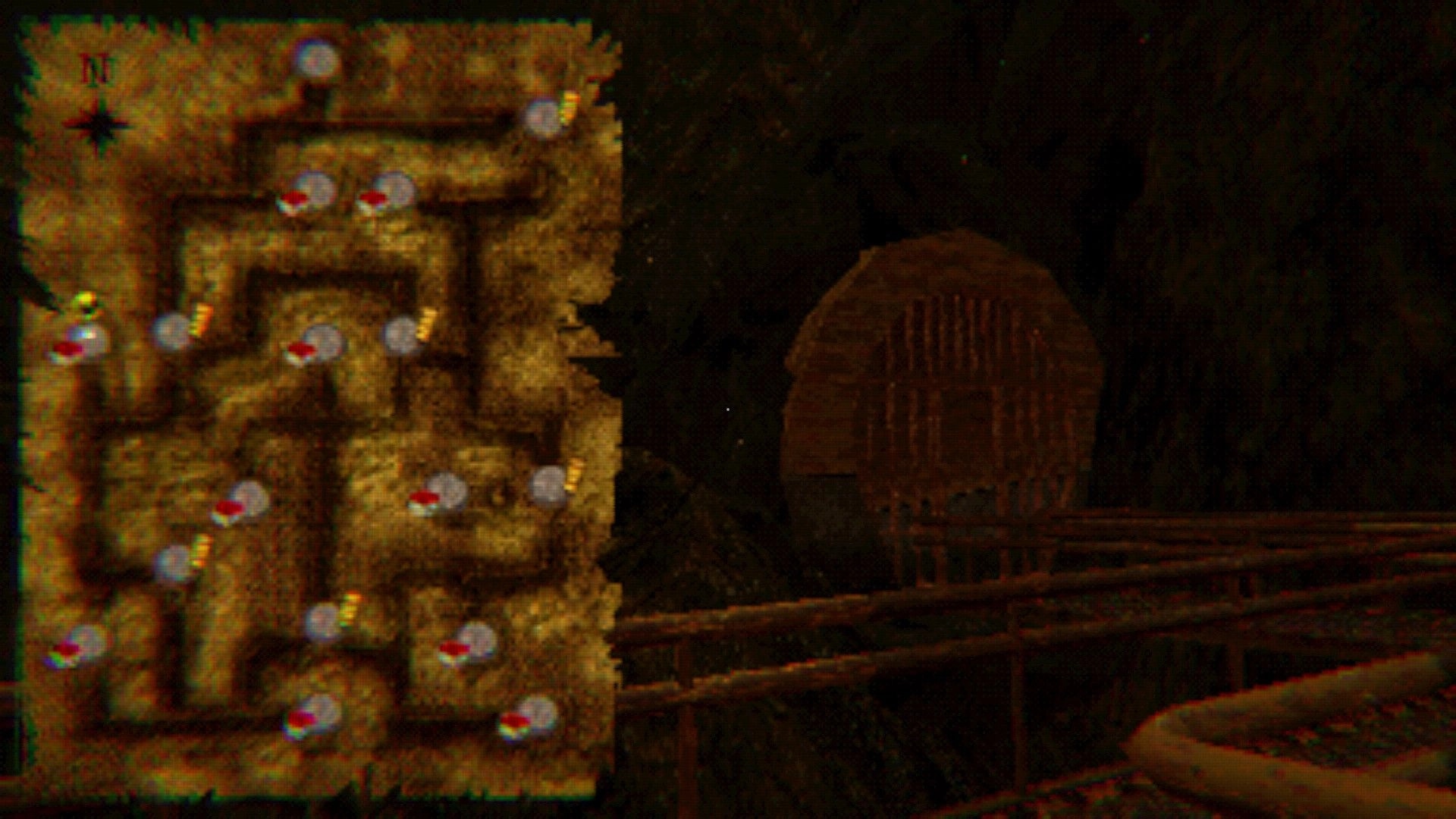 Altitude Zero: Map screen with compass and station markers beside a dark tunnel and rusted door.