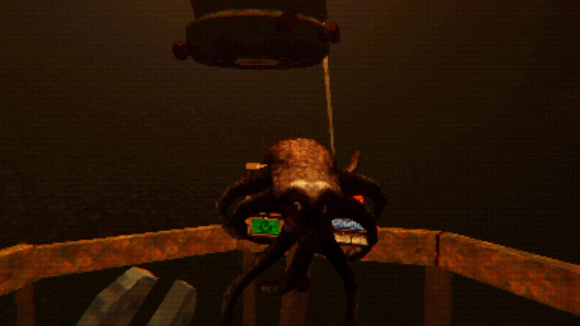 Altitude Zero: First-person balloon cockpit with tentacled creature on controls in dark foggy sky.