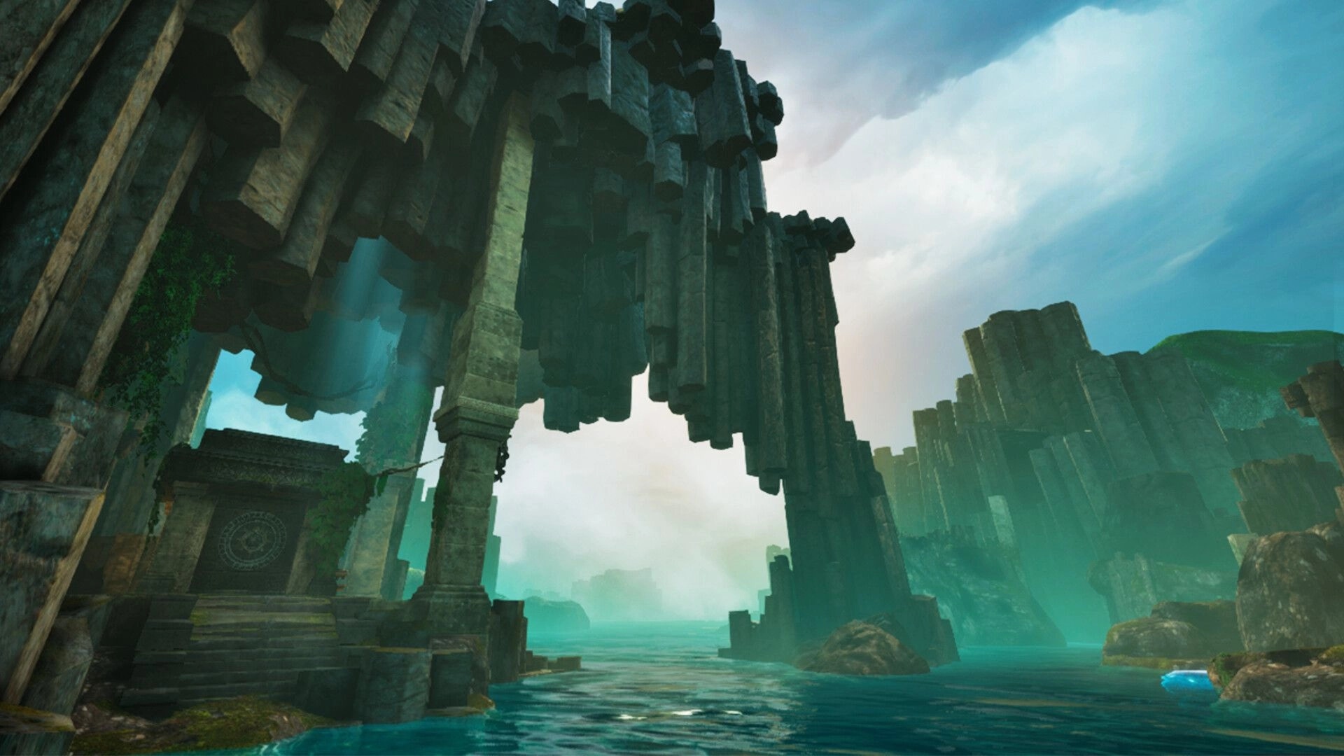 Always With You: Ancient stone ruins overlooking a misty sea with towering pillars and lush greenery