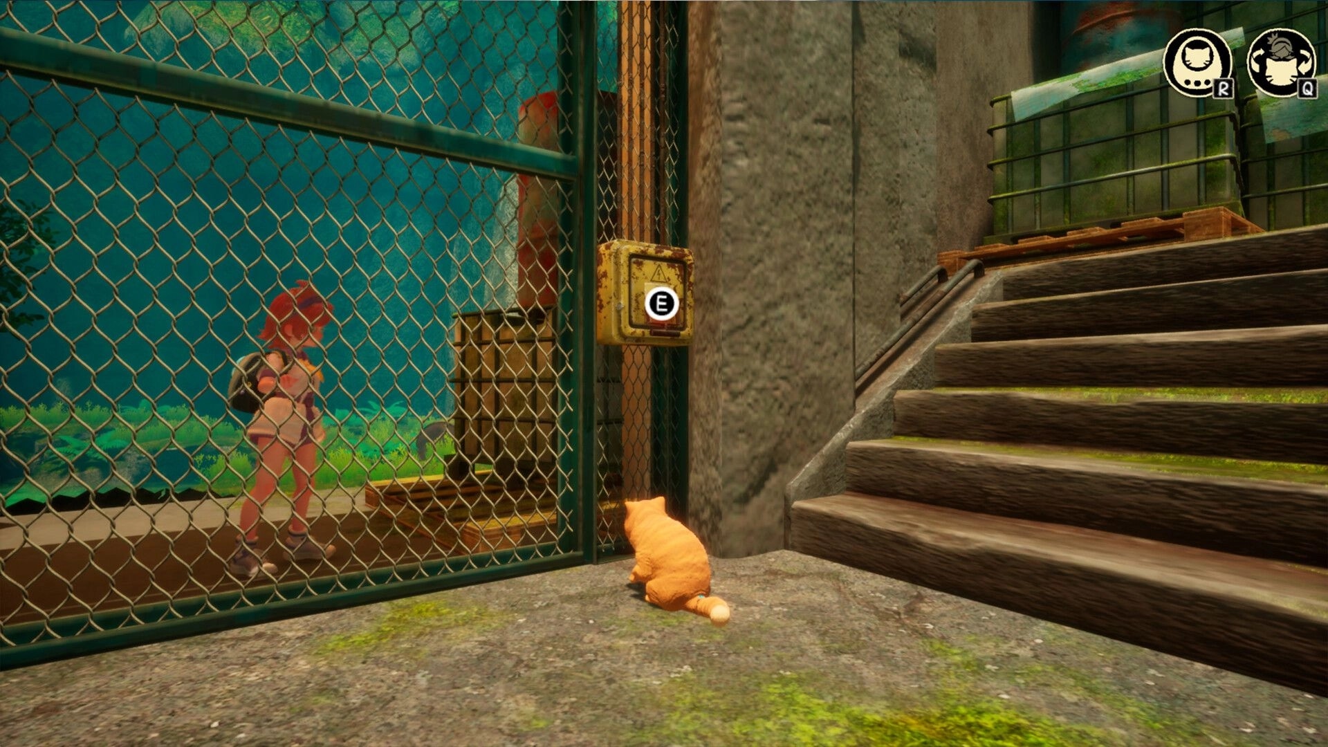 Always With You: Cat and girl separated by a fence near a button prompt in a stone stairway area