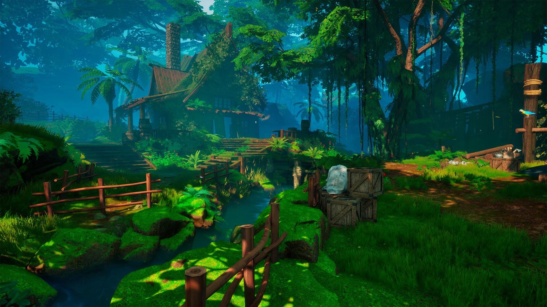 Always With You: Lush forest environment with a rustic house, stream, and wooden crates in the foreground